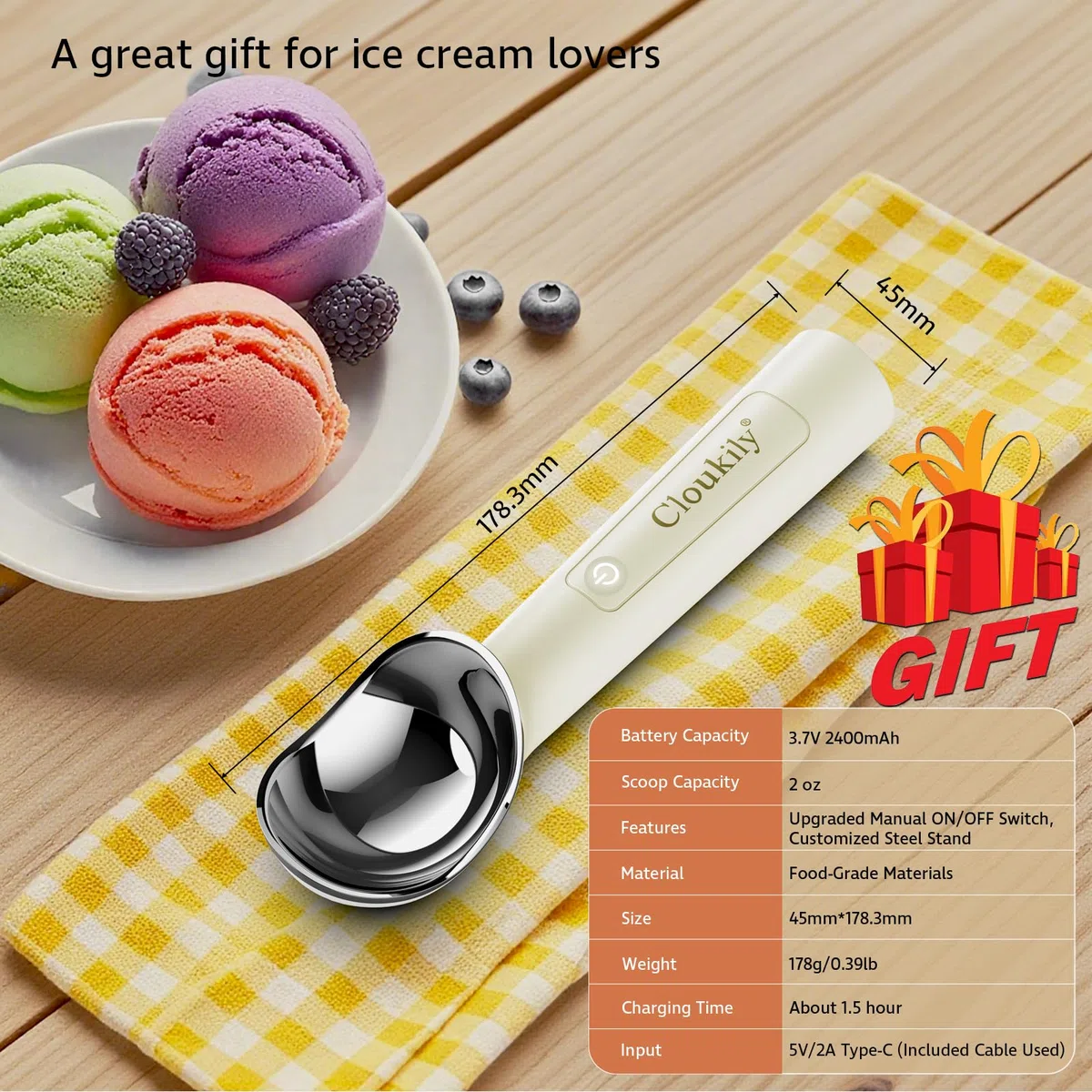 Paletta per gelato riscaldata con interruttore on/off (ultima generazione 3.0): paletta elettrica ricaricabile per gelato con supporto, gadget da cucina 2025 per gelato duro, impermeabile