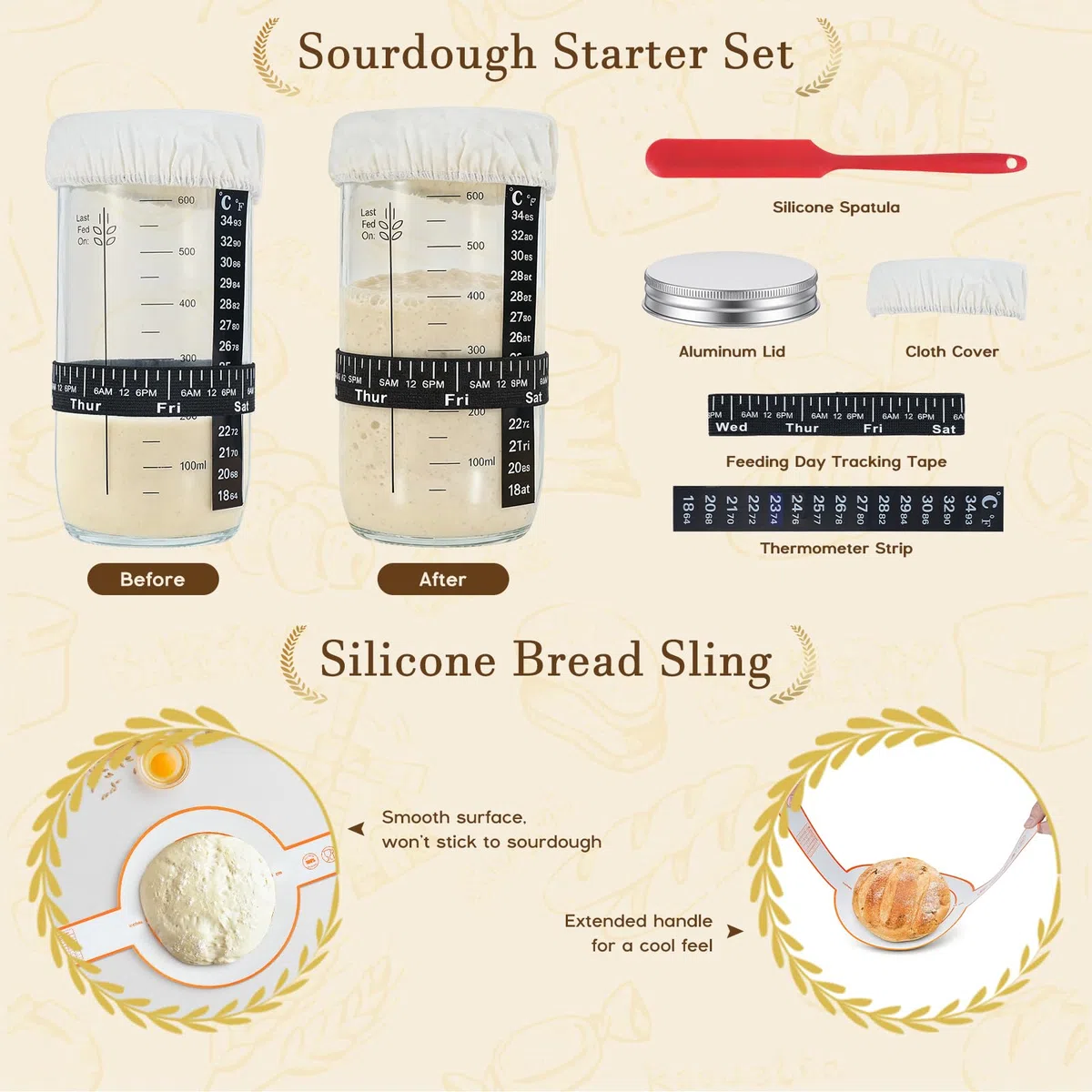 19 Pezzi Set di Cestini Lievitazione Pane 23cm e 25cm Cestino Lievitazione Pane con Raschietto per Pasta, Frusta per Impasto Kit Completo per Pasta Madre per Principianti, Panettiere Esperto