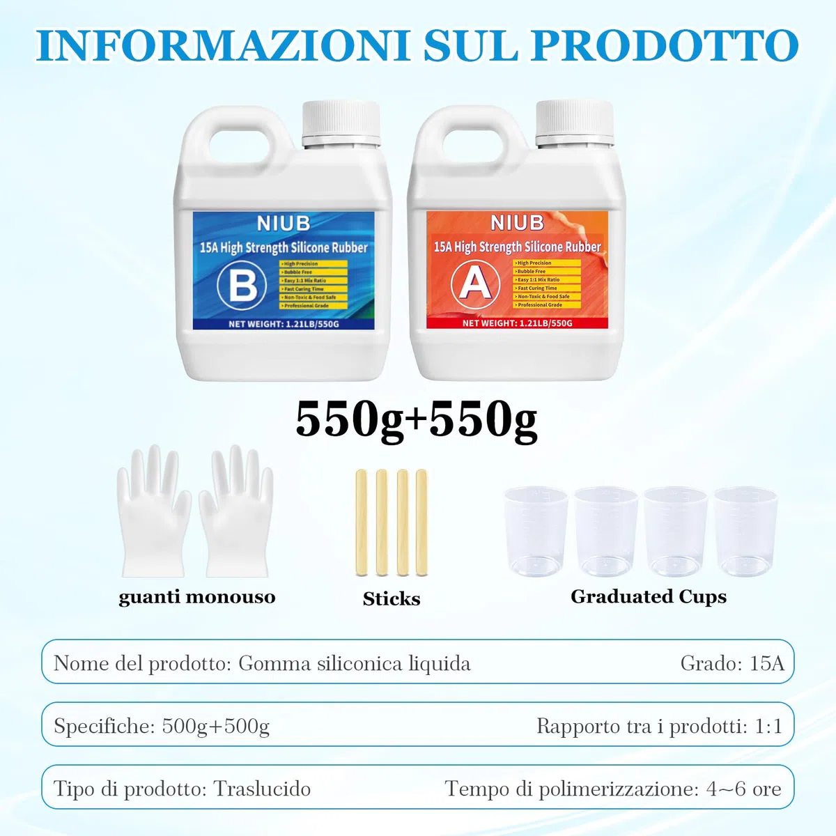 NIUB 15A 1,25kg Gomma Siliconea per Stampi - Kit Non Tossico con Alta Resistenza