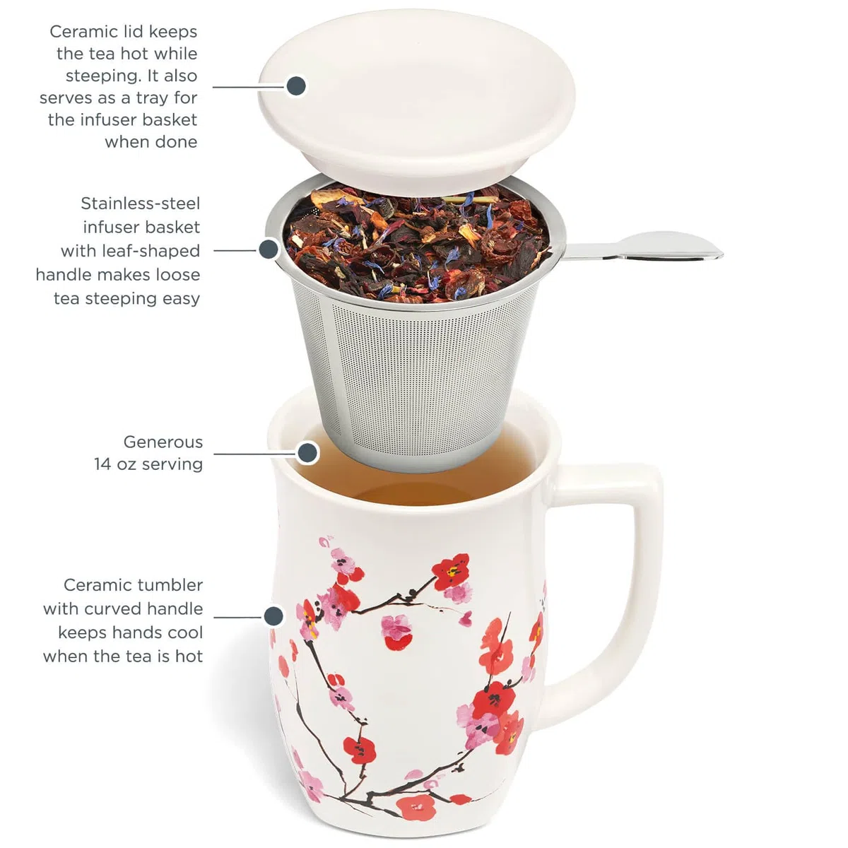 Tea Forte Fiore Tazza da tè in ceramica con infusore e coperchio, Sakura, 400 ml, tazza in ceramica con manico, per macerare tè sfuso, lavabile in lavastoviglie e adatta al microonde
