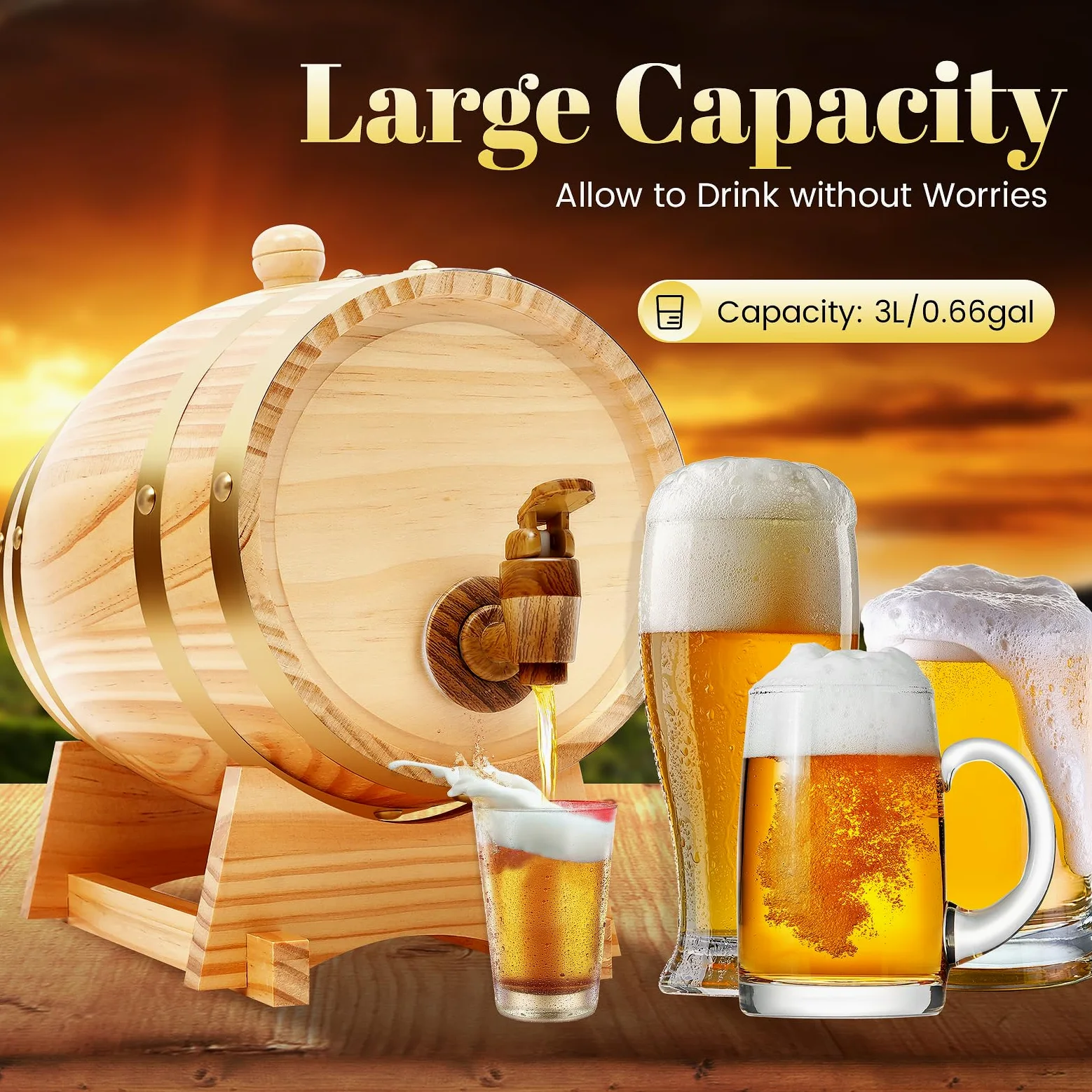 MINRS Botte in legno di quercia, 3 l, per whisky in legno di quercia, con tappo e rubinetto per vino e liquori, decorazione in legno originale
