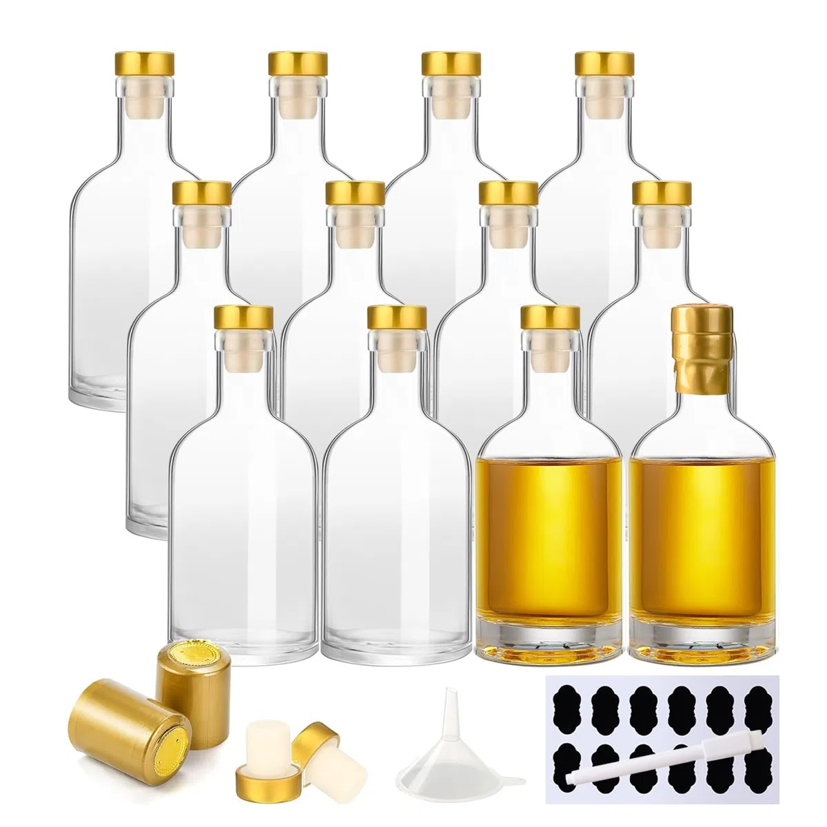YBCPACK 12 piccole bottiglie di vetro da riempire da 100 ml, bottiglie vuote di liquore, grappa con tappo, tappo termoretraibile, imbuto, etichette, penna, perfetta per zaba, liquori e succhi di