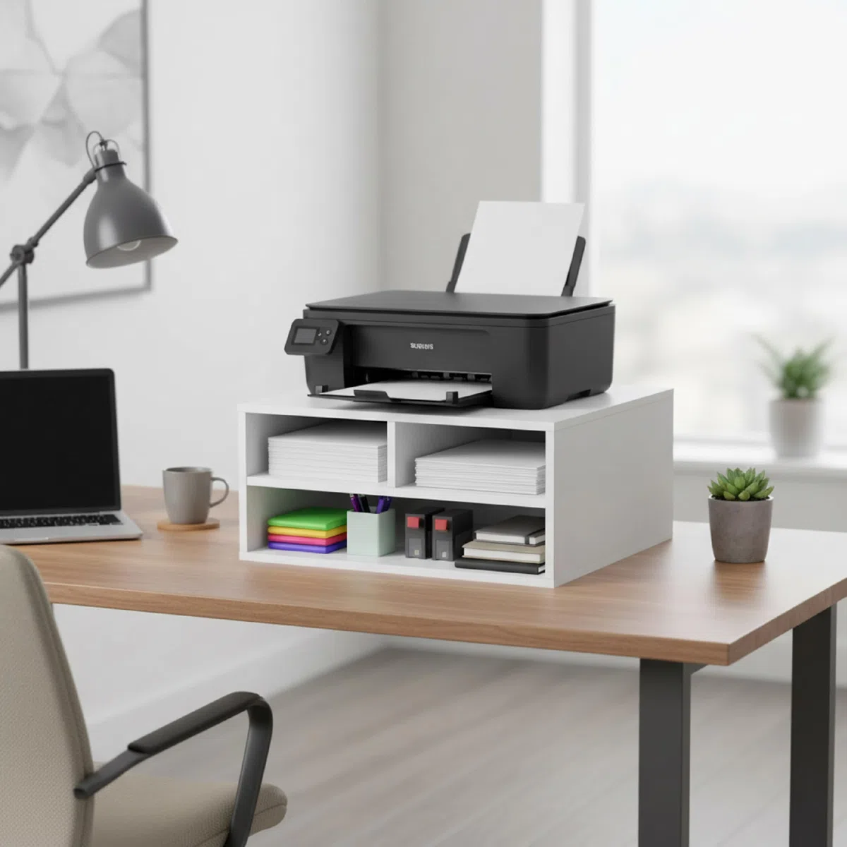 Baroni Home Supporto per Stampante con 3 Scomparti, Organizer per Carta A4 e A3 per Scrivania e Ufficio, Struttura in MDF Resistente, Facile da Montare, 37x47x21 cm, Bianco