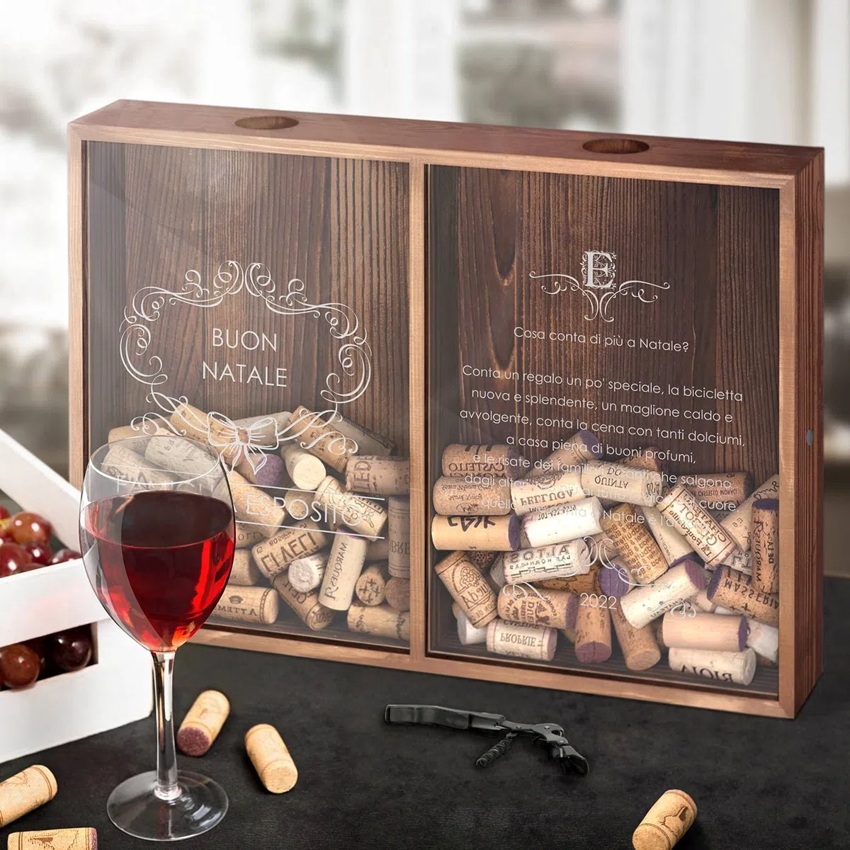 Maverton Raccogli tappi di sughero o birra - con stampa personalizzata - con due scomparti - cavatappi con un coltellino - scatola porta tappi - idee regalo per Natale - Natale