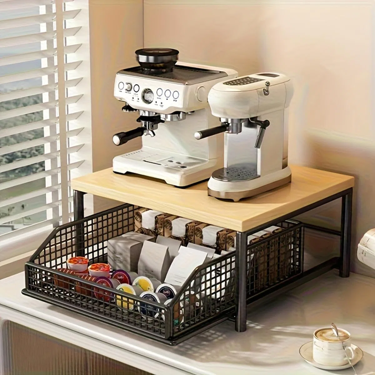 Mensola in Legno Massello Resistente per Macchina da caffè - Organizzatore da Cucina da Banco con Cassetto e Cesti in Rete - Design Salvaspazio Nero