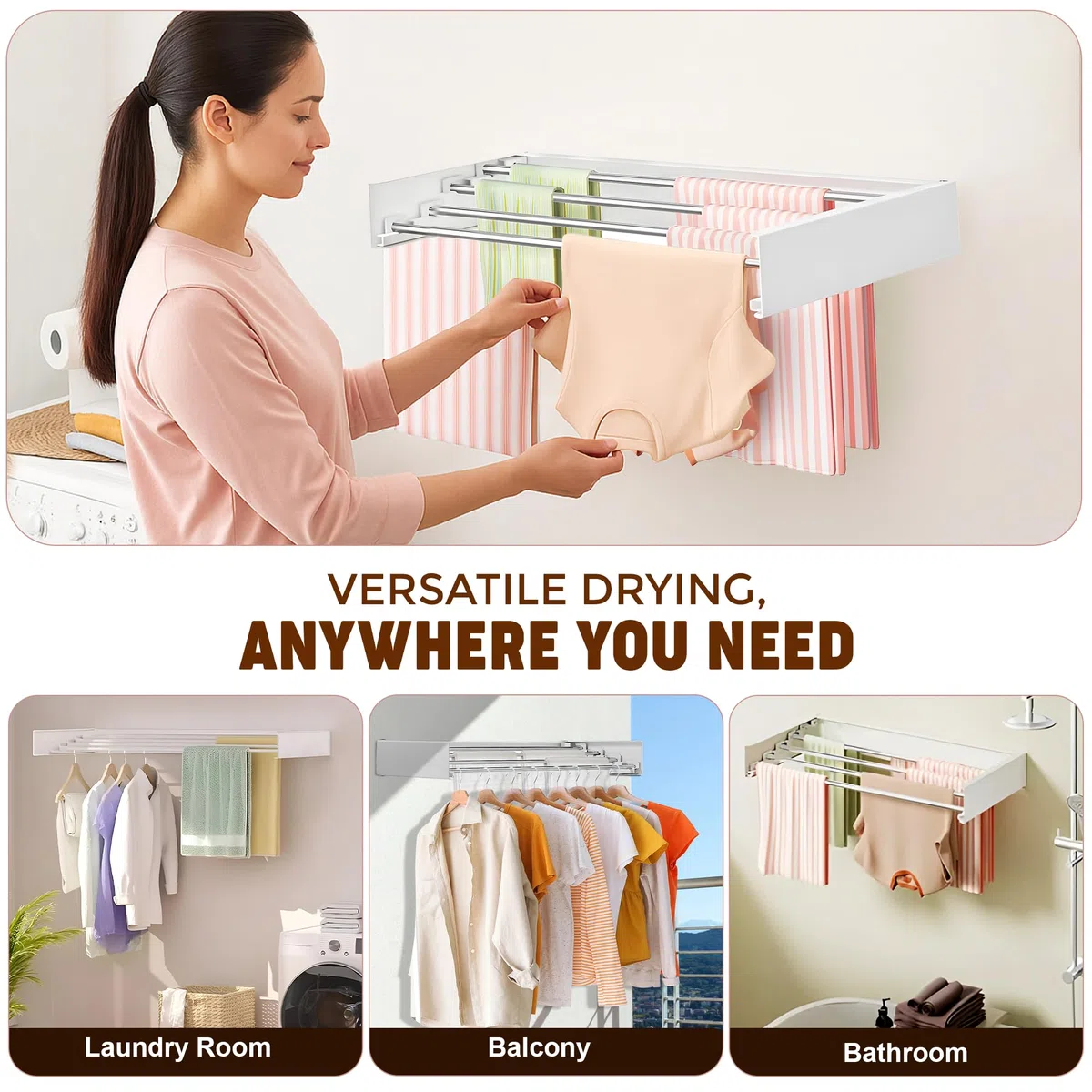 32” Wall Mounted Space Saving Laundry Drying Rack Balcony for Kitchen, Bathroom Use - Foldable Clothes Dryer Rack with 4 Steel Poles - Collapsible Laundry Organizer Indoor Outdoor Drying Line