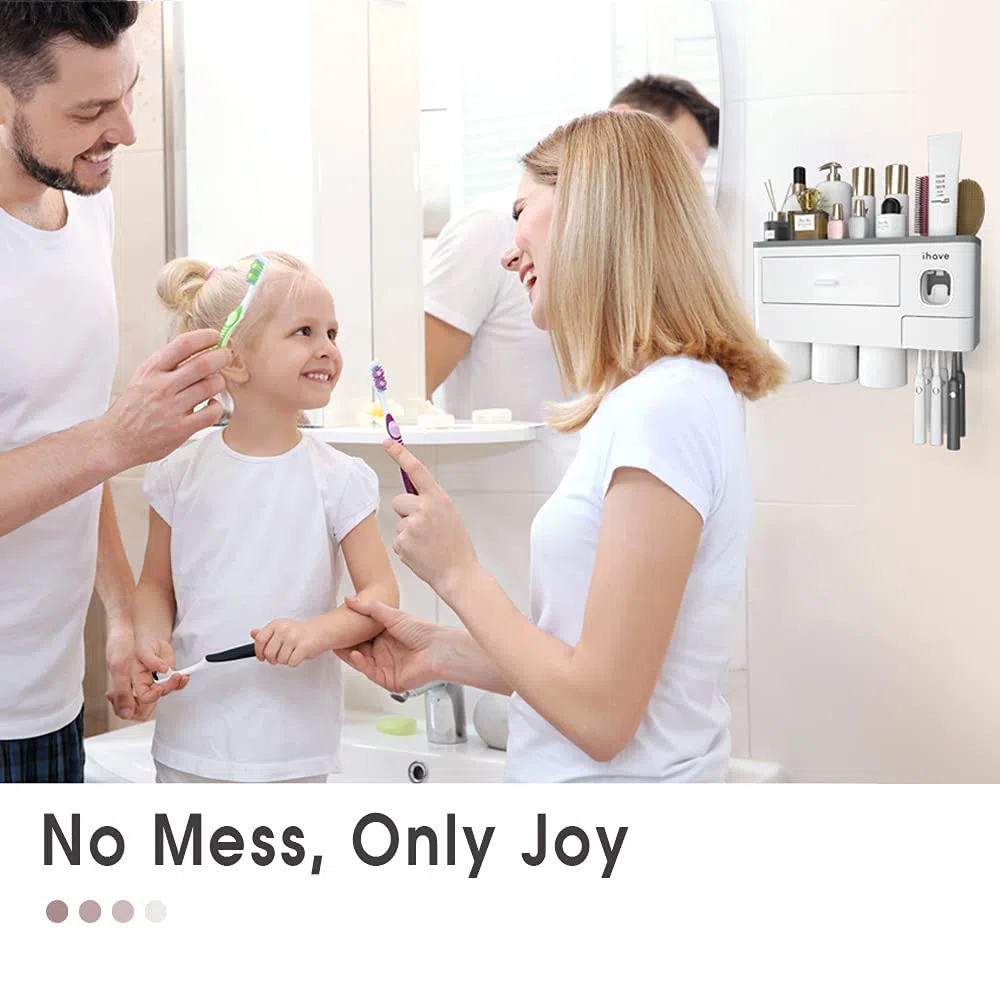 iHave Porta Spazzolino Elettrico da Muro con Dispenser Dentifricio e 3 Bicchieri – Design Bianco Classico per l'Arredo del Bagno, Organizer Bagno Tutto-in-Uno per Spazzolini e Accessori