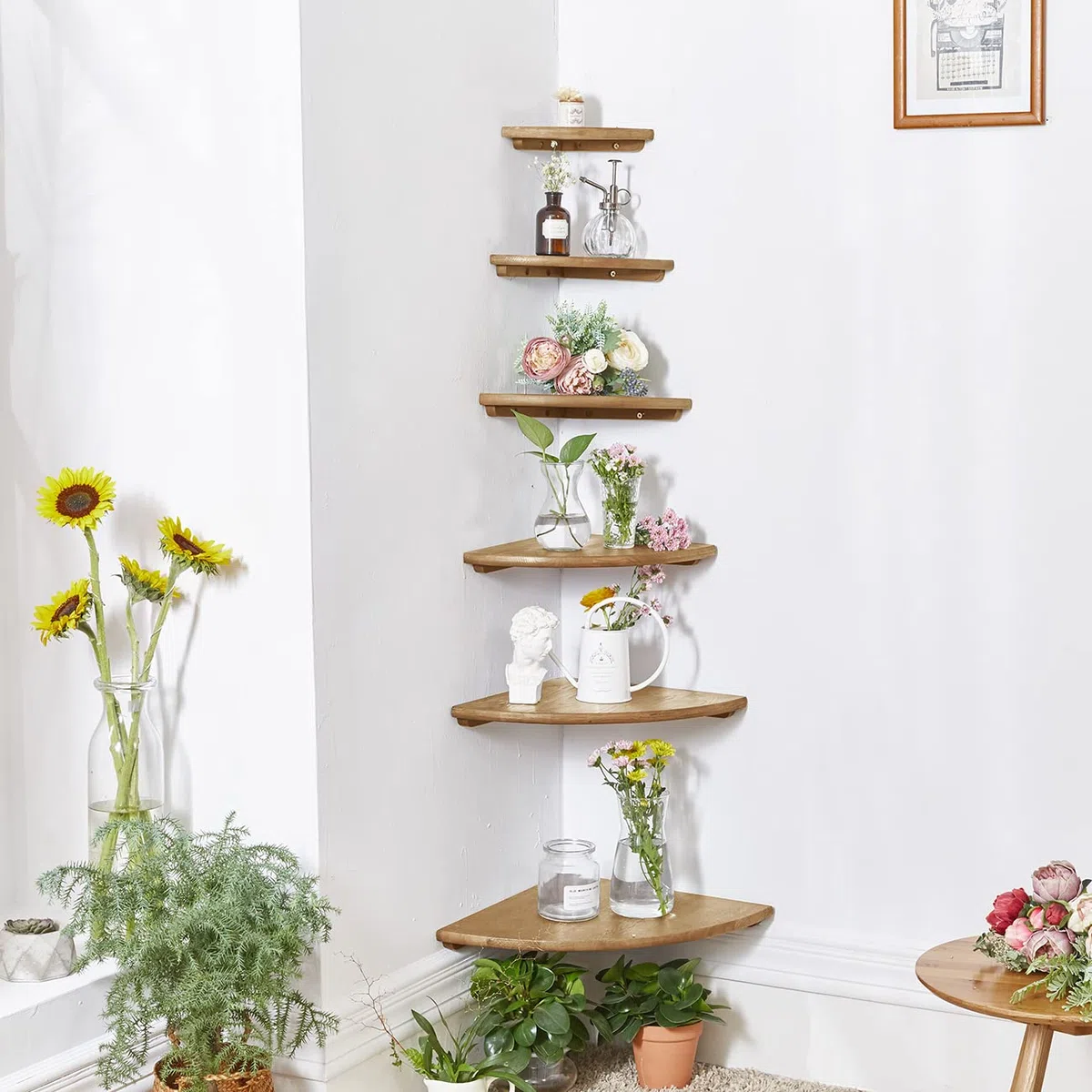 GIEANOO Mensola angolare galleggiante in rovere rustico, con estremità arrotondata, per altoparlanti, libri, decorazioni, mensola angolare in legno, rovere, 30 cm raggio