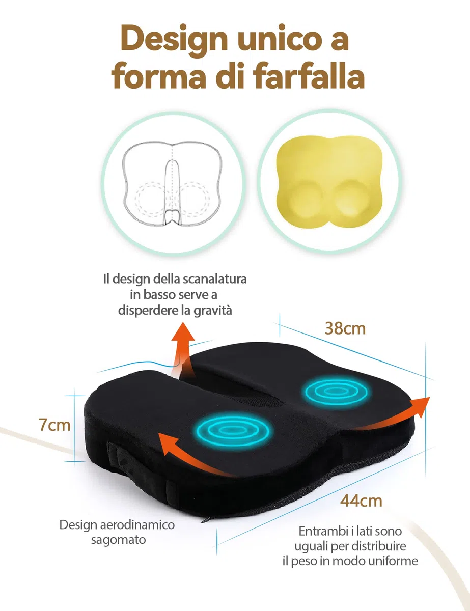 Travel Ease Cuscino Ergonomico per Sedia, Cuscino in Schiuma di Memoria Premium con Base Antiscivolo per Lungo Comfort, Cuscino di Supporto per l'anca per Sedia da Ufficio, Sedile Auto (Nero)