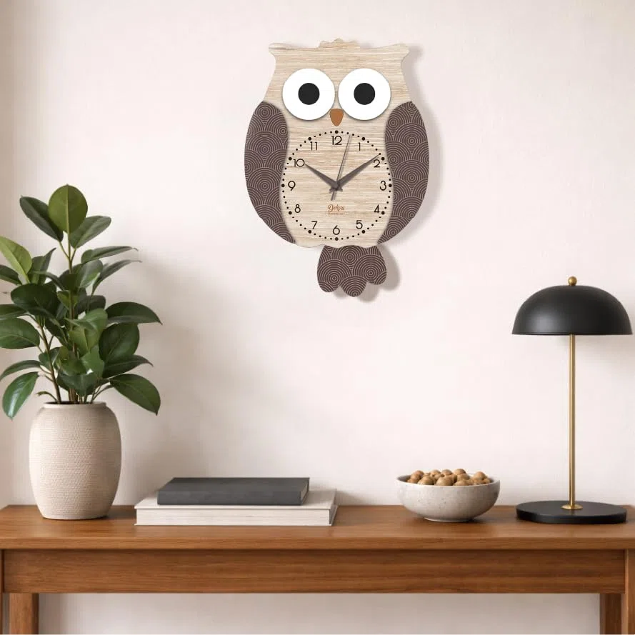 DEKORI – Orologio da Parete a Pendolo Gufo in Legno, Design Decorativo Moderno, Silenzioso, 25x34 cm