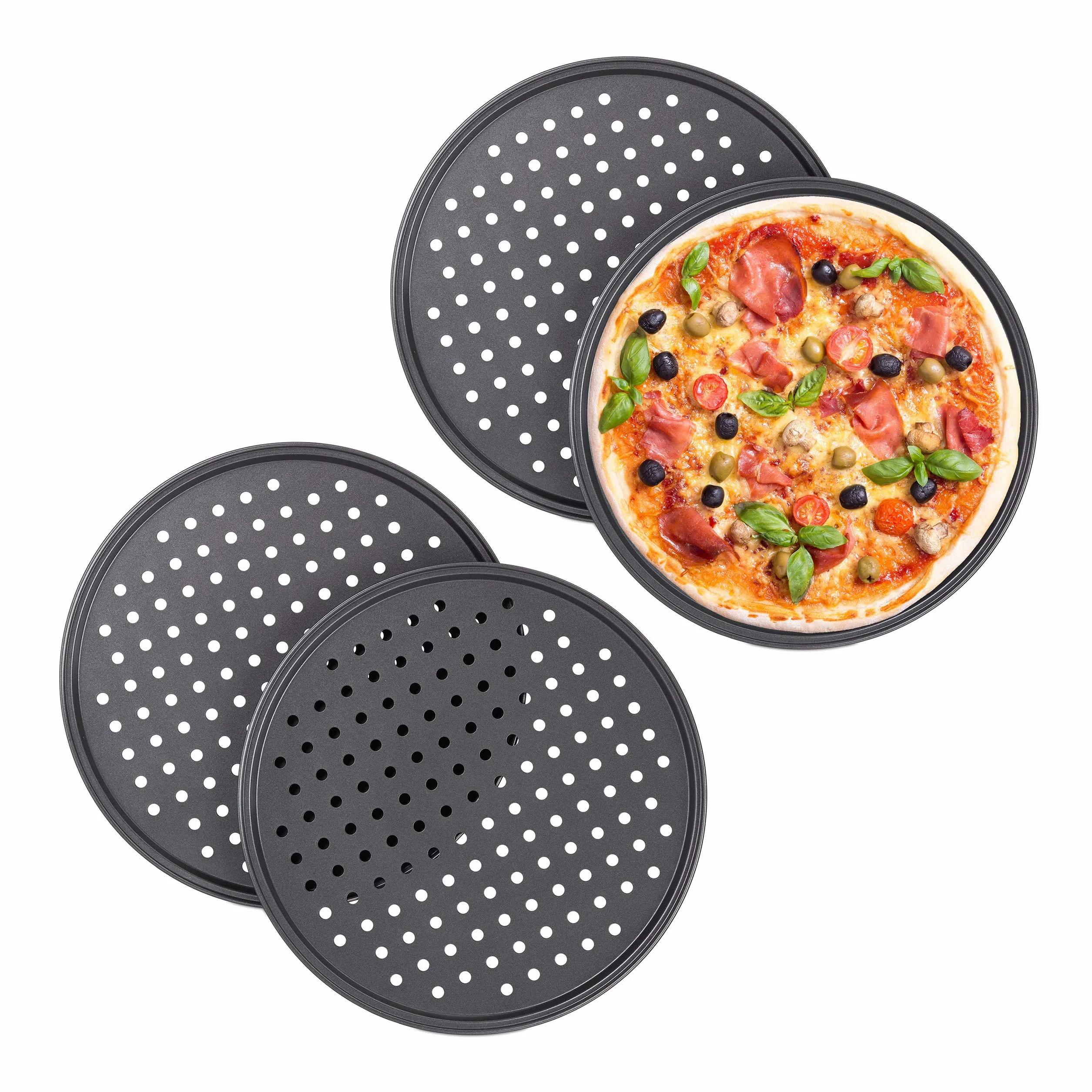 Relaxdays Set da 8 Teglie per Pizza, Rotonda, Forata, Antiaderente, per Crostate, Acciaio, Padella, ∅ 32 cm, Antracite