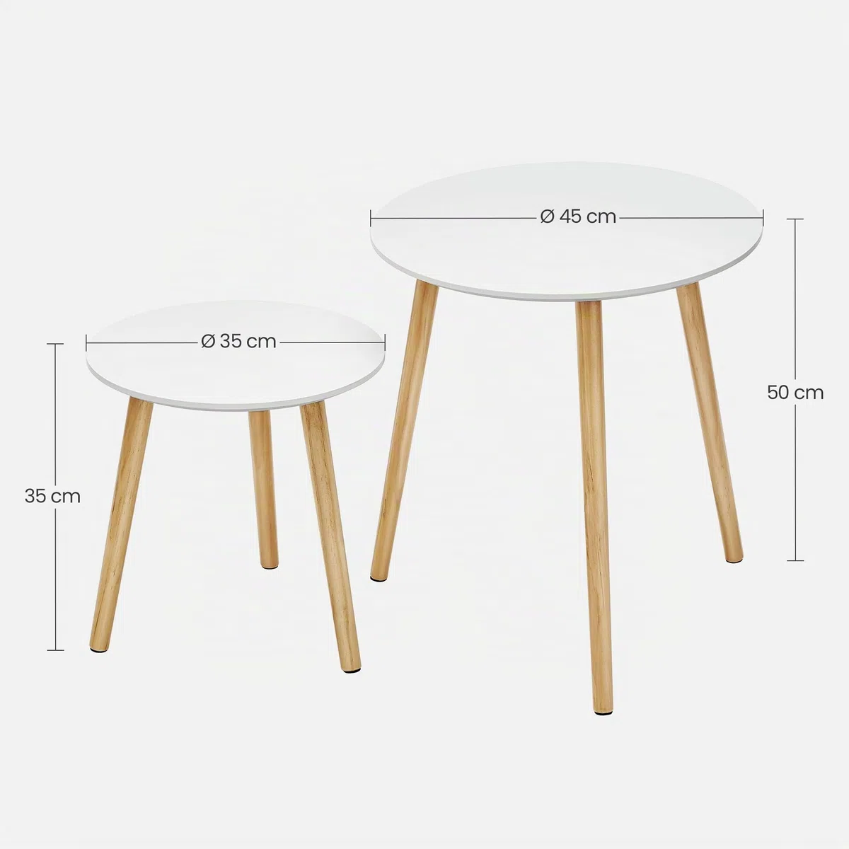 SONGMICS Tavolino Rotondo, Tavolino Moderno Minimalista, Set di 2 Tavolini da Caffè con Gambe in Legno di Pino, Stile Scandinavo, per Soggiorno Salotto Balcone, Bianco e Naturale LET07WN