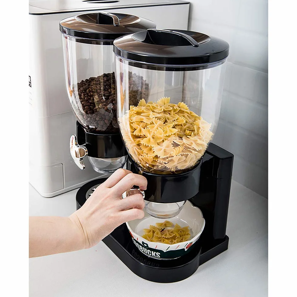 Doppio Dispenser per Cereali Cornflakes, Plastica, Dry Food Cereal Dispenser Double Canister, Clear Canister Fresh Candy Titanio Chicchi di Stoccaggio (Nero)