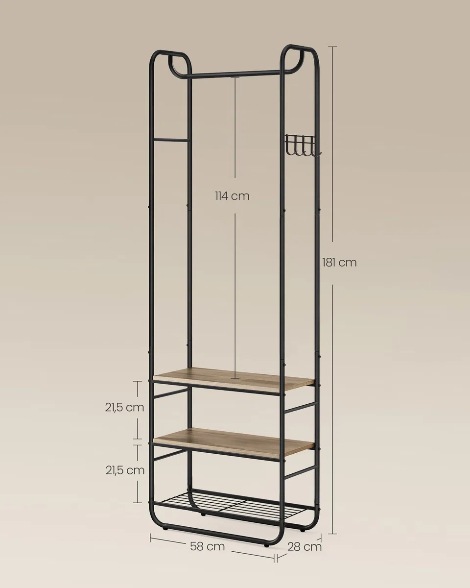 VASAGLE Appendiabiti con Scarpiera per Ingresso, Attaccapanni con Ripiani Portaoggetti, per Soggiorno, Camera da Letto, 58 x 28 x 181 cm, Stile Scandinavo, Nero Inchiostro e Marrone Cammello HSR081K01