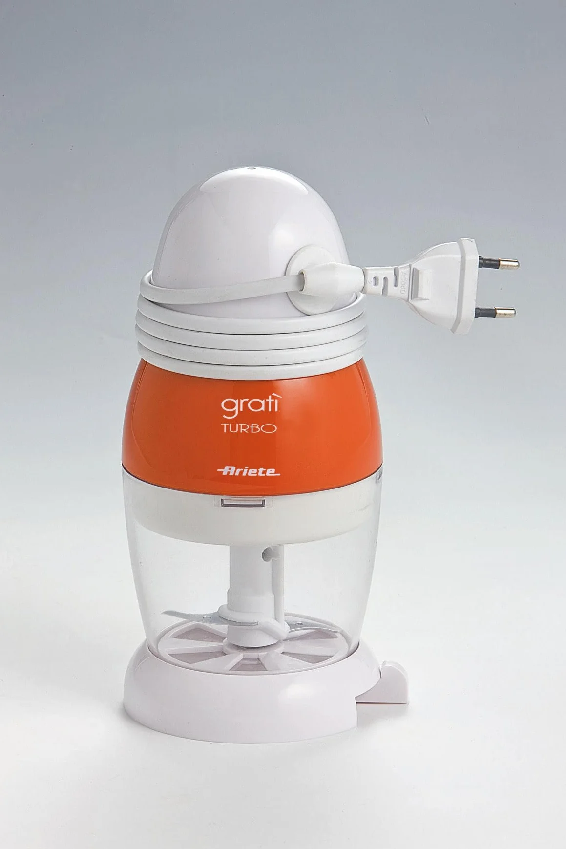 Ariete 439 Gratì - Turbo Grattugia Elettrica, Formaggera, Coperchio Salvafreschezza, Capacità Tazza 200 Cc, Lama Inox, Dosatore Incorporato, 200W, Bianco/Arancio