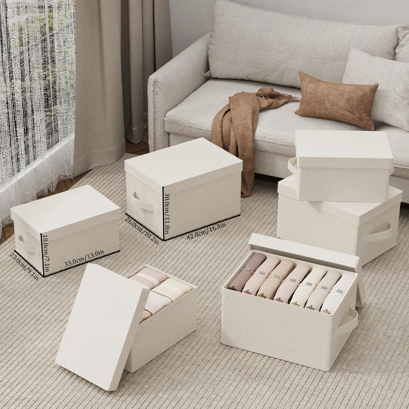 3er Scatole di Stoccaggio, Contenitore in Tessuto con Coperchio, Organizzatore di Vestiti con Maniglia, Utilizzato in Camera da Letto o Soggiorno, 33x23x18cm, Beige