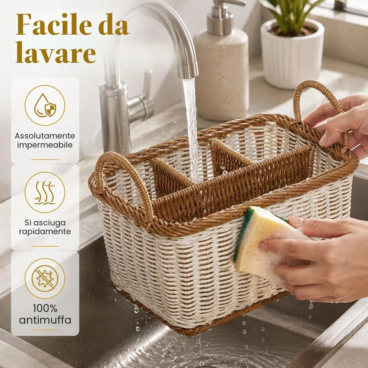 HEMOTON Portaposate in rattan, cestino per posate intrecciato da tavolo, portaposate per posate e utensili con manici e 4 scomparti divisori, per cucina, sala da pranzo, giardino o picnic