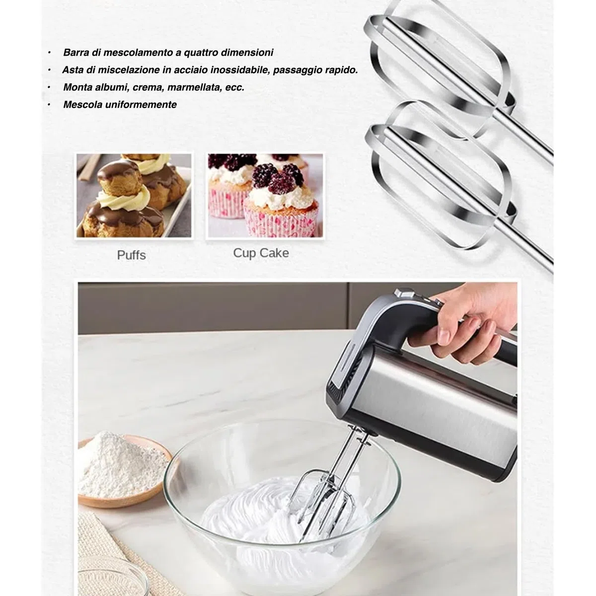 VOLTIX Sbattitore Elettrico 800W con 5 Velocità e Funzione Turbo, Frusta Elettrica con 2 Fruste & 2 Ganci in Acciaio Inox, Pulsante di Espulsione, Perfetto per Uova, Torte, Pane e Impasti