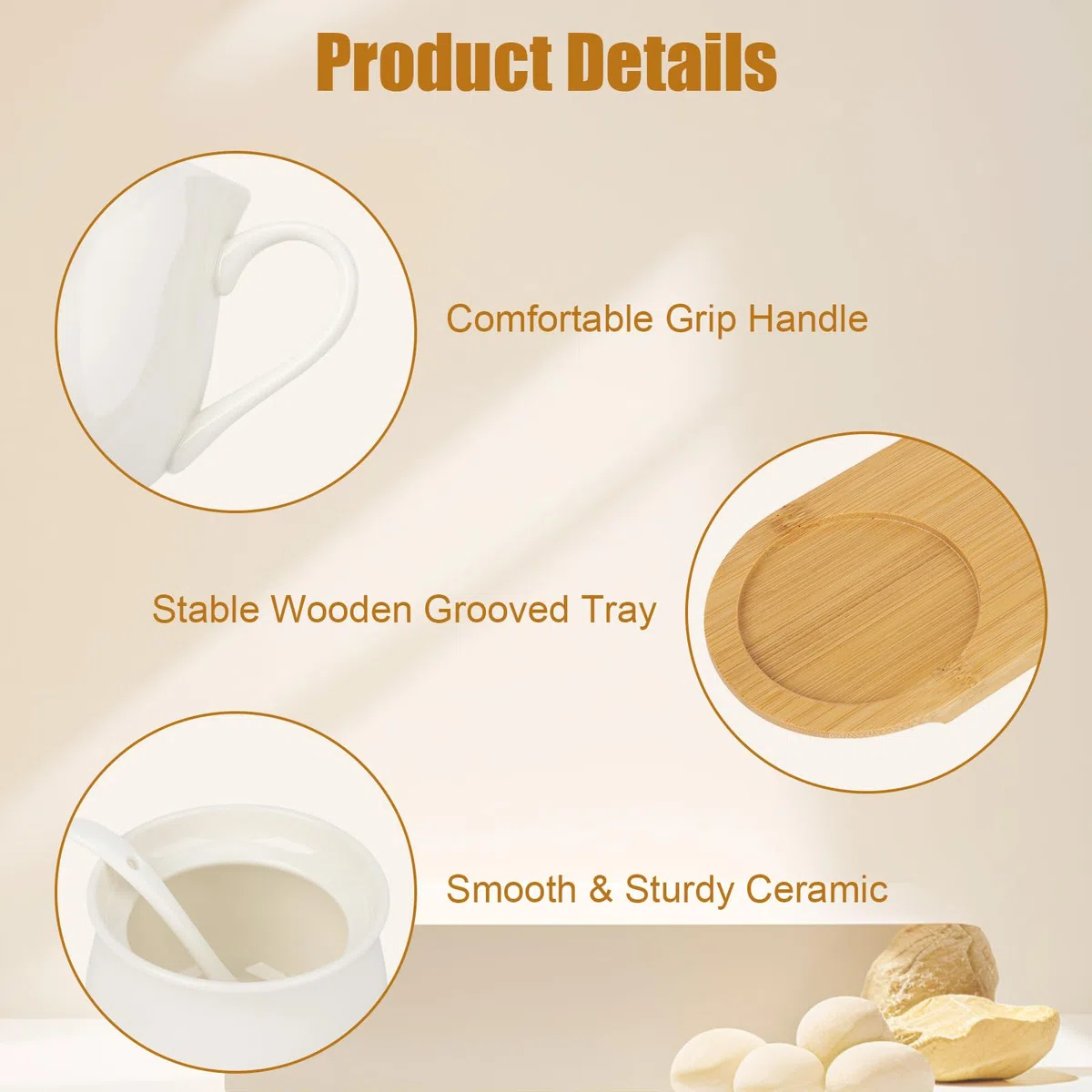 Set di latte e zucchero, set di porcellana per servire caffè e tè con coperchio e cucchiaio, zucchero e brocca con supporto in legno, adatto per microonde e lavastoviglie (bianco)