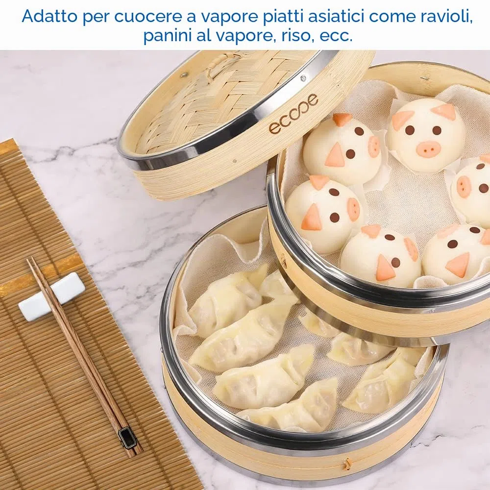 ecooe Cesto a vapore in bambù con 2 panni in cotone, vaporizzatore bambù per verdure, dim sum, pesce e carne (diametro 20 cm)