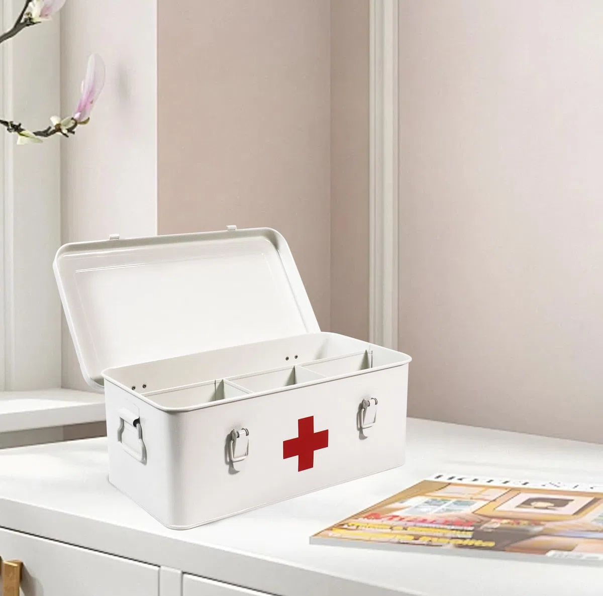 Porta Medicine,Contenitore Per Medicine,Organizer Medicinali In Metallo,Cassetta Pronto Soccorso con Blocco di Sicurezza,Grande Scatola Porta Medicine da Casa Adatto Per la Conservazione Bianco