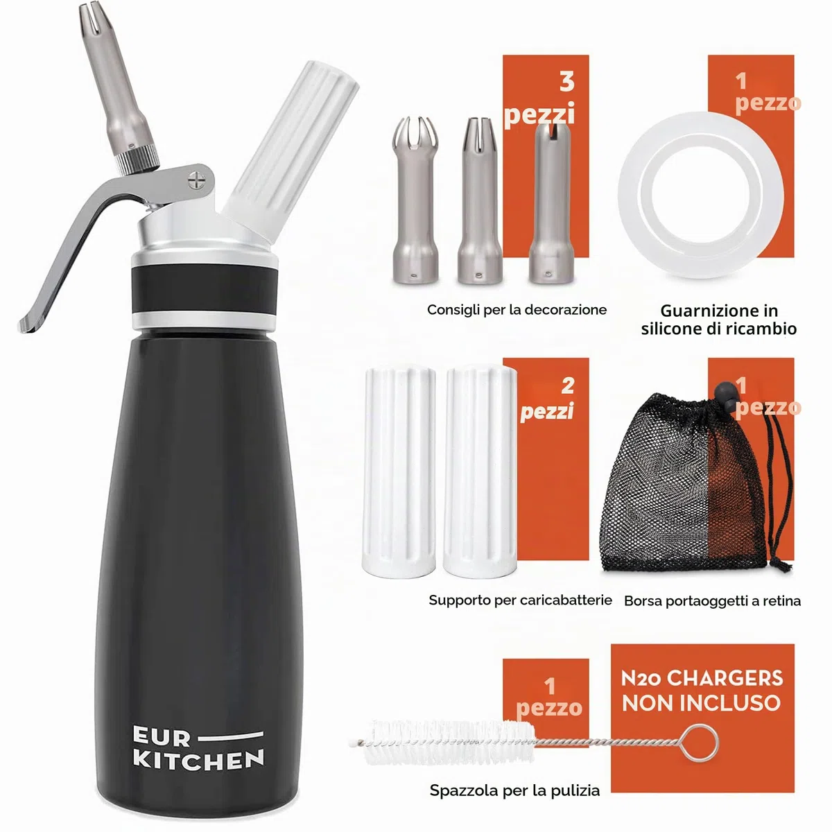 EurKitchen Sifone da Cucina per Panna Montata in Alluminio - Sifone Panna Professionale Anti Perdite - con 3 Punte Decorative e Spazzola per Pulizia - Montapanna da 500 ml - Cartucce N2O Non Incluse