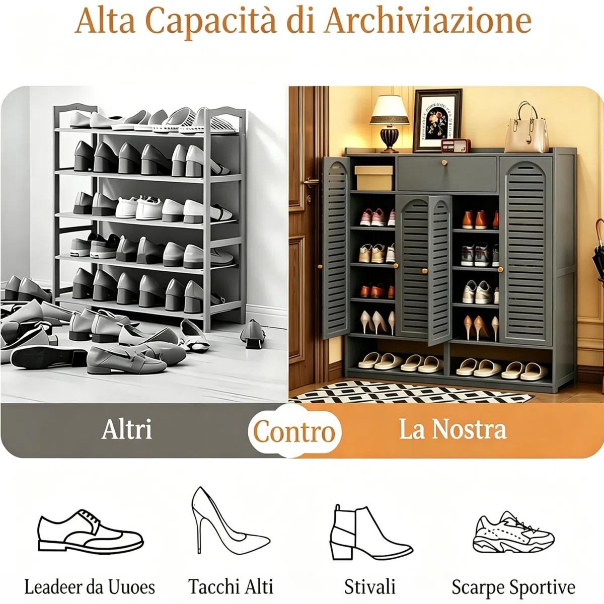 Scarpiera in Bambù a 7 Livelli – Grande Scarpiera da Ingresso con Ante a Tapparella, Modello Indipendente con Ripiani Regolabili, Ideale per Corridoio e Soggiorno (Grigio)
