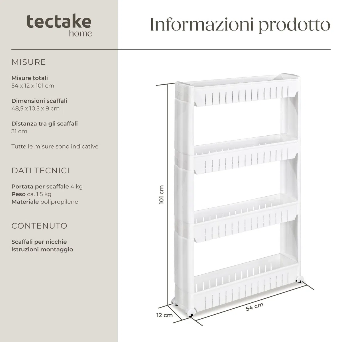 tectake® Carrello da Cucina Slim 54x12x101cm, Mobiletto Salvaspazio Multiuso con 4 Ripiani, Carrello con Ruote, Mobile Cucina Porta Detersivi Salvaspazio, Portaoggetti Bagno, Ripostiglio - Bianco