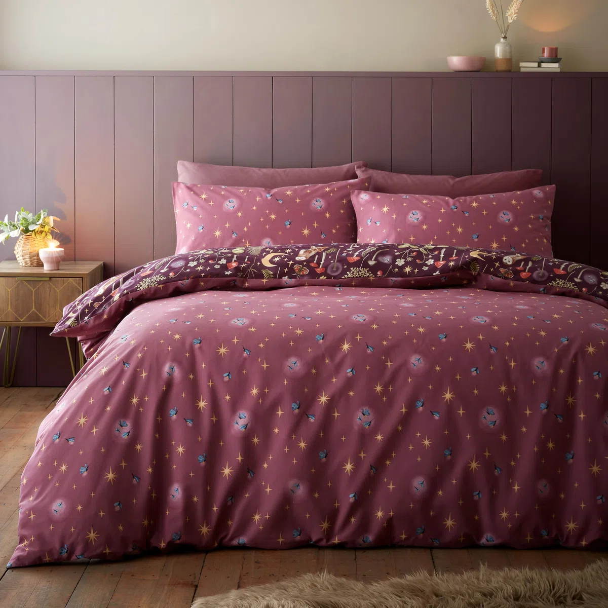 Catherine Lansfield Enchanted Twilight - Set copripiumino matrimoniale reversibile con federe, colore: prugna