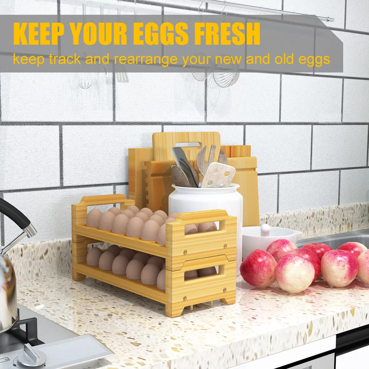 Portauova in bambù, design impilabile per 36 uova, vassoio per uova fresche della fattoria, organizer da cucina in legno, adatto per uova di quaglia, anatra, tacchino e gallina