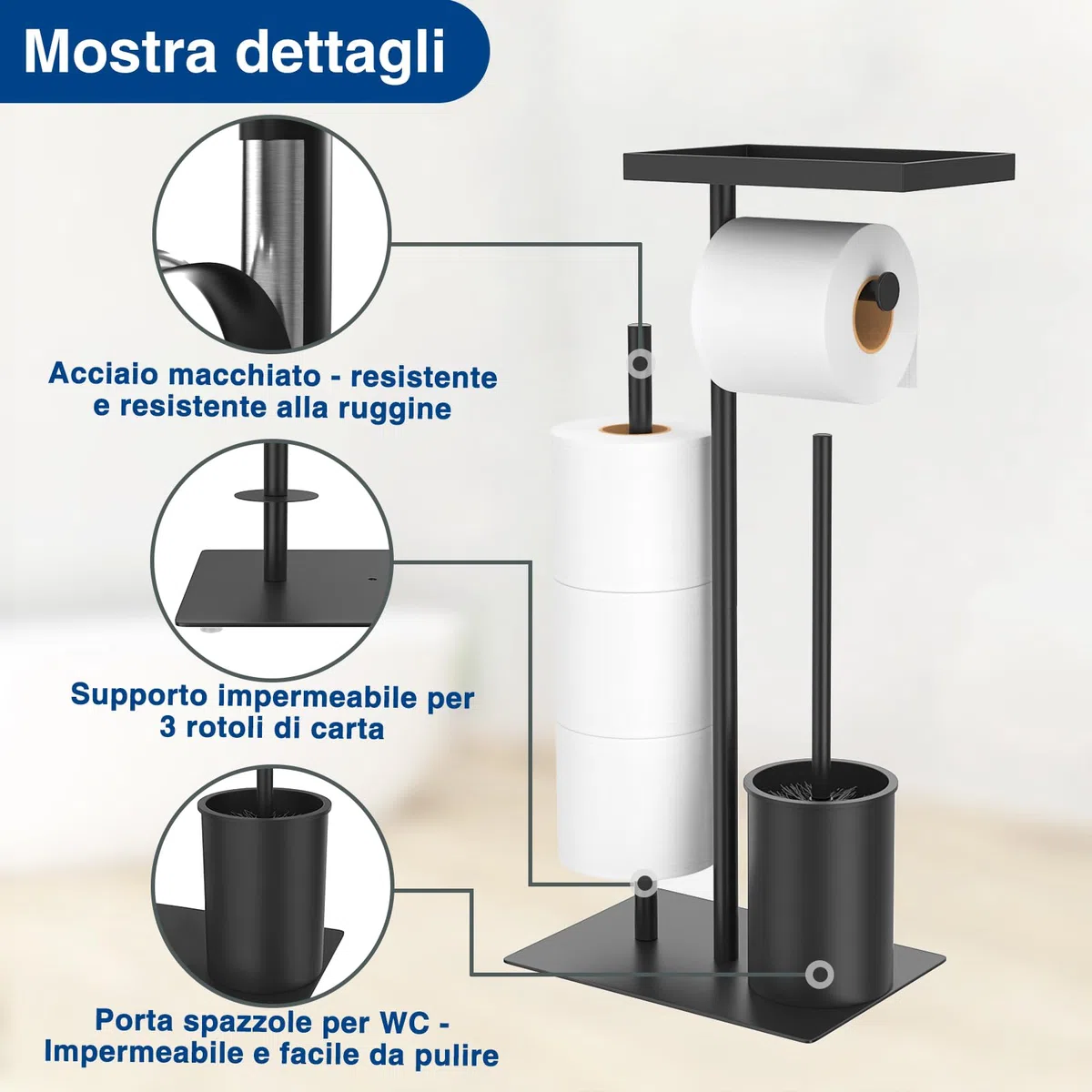 Porta carta igienica in acciaio inossidabile con scopino per WC - Set per WC con vassoio, spazzolino per WC e porta carta igienica