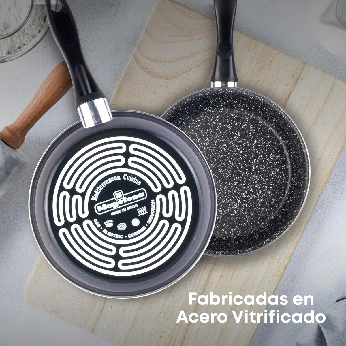 MAGEFESA K2 Gransasso Set di 3 padelle (18/20/24) cm in acciaio vetrificato, esterno grigio screziato. Antiaderente a due strati rinforzato con effetto pietra, adatto a tutti i tipi di piani cottura