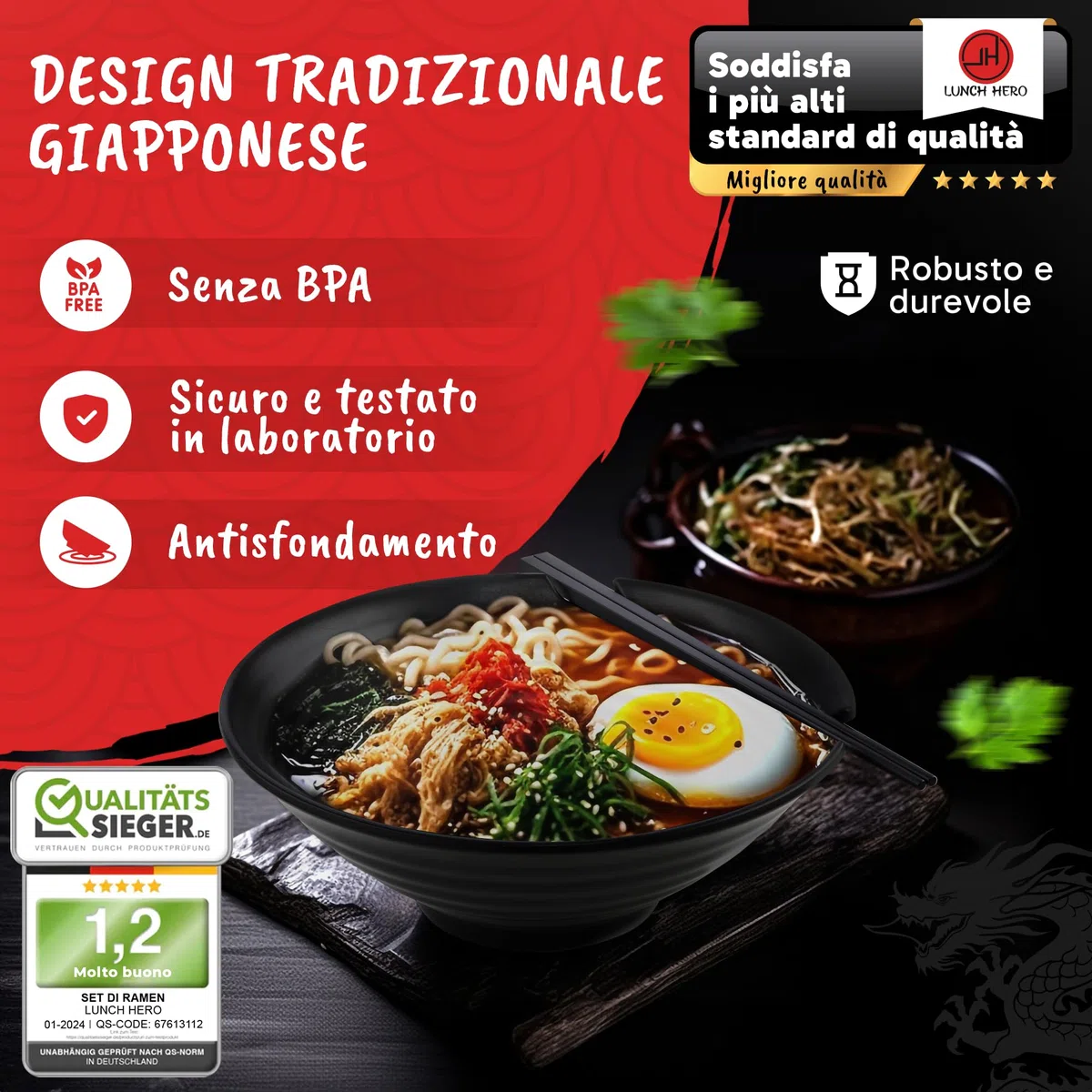 2x Set Ciotole Ramen I Set Ramen Bowl 1000ml di Alta Qualità I Set Ciotole Giapponesi da Tavola Tradizionali I Piatti Giapponesi con Ciotola Ramen Cucchiaio Bacchette