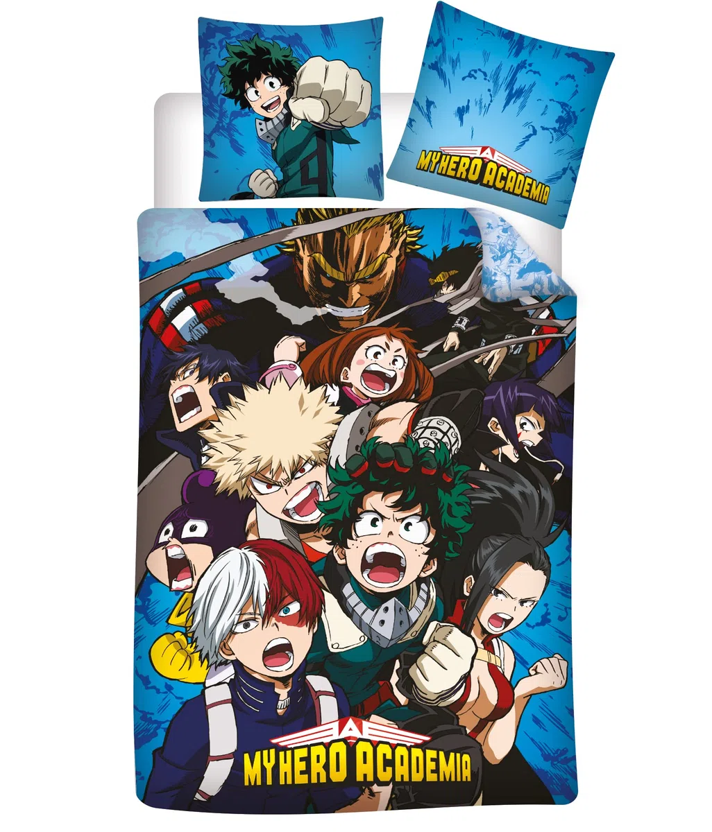 AYMAX S.P.R.L My Hero Academia - Parure da letto, 3 pezzi, 100% cotone, copripiumino 140 x 200 cm + federa 65 x 65 cm + lenzuolo coordinato 90 x 190 cm