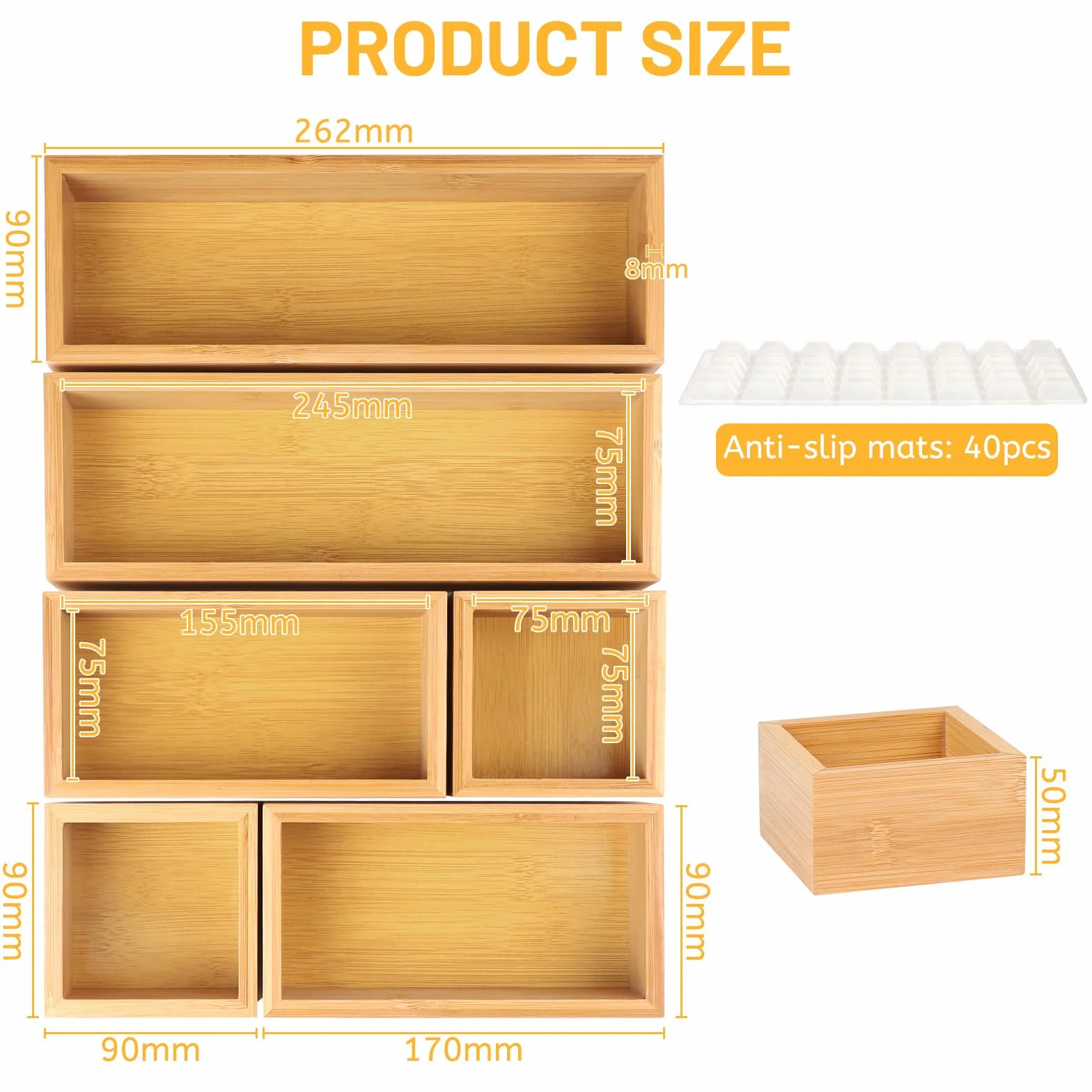 DBREAKS Set di 6 Organizer per Cassetti in Bambù, Organizer Multiuso in Legno, Impilabile, Per Cosmetici, Cucina, Bagno o Ufficio ogn (Naturale)