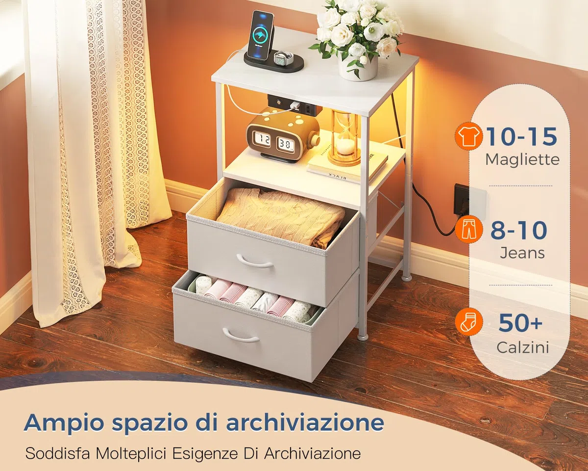 Coleshome Comodino Camera da Letto Bianco, con 2 Prese USB e 1 Presa di Corrente e Luci a LED, Comodini con 2 Cassetti in Tessuto e 1 Vano Portaoggetti, 40 * 30 * 60cm, Confezione da 1