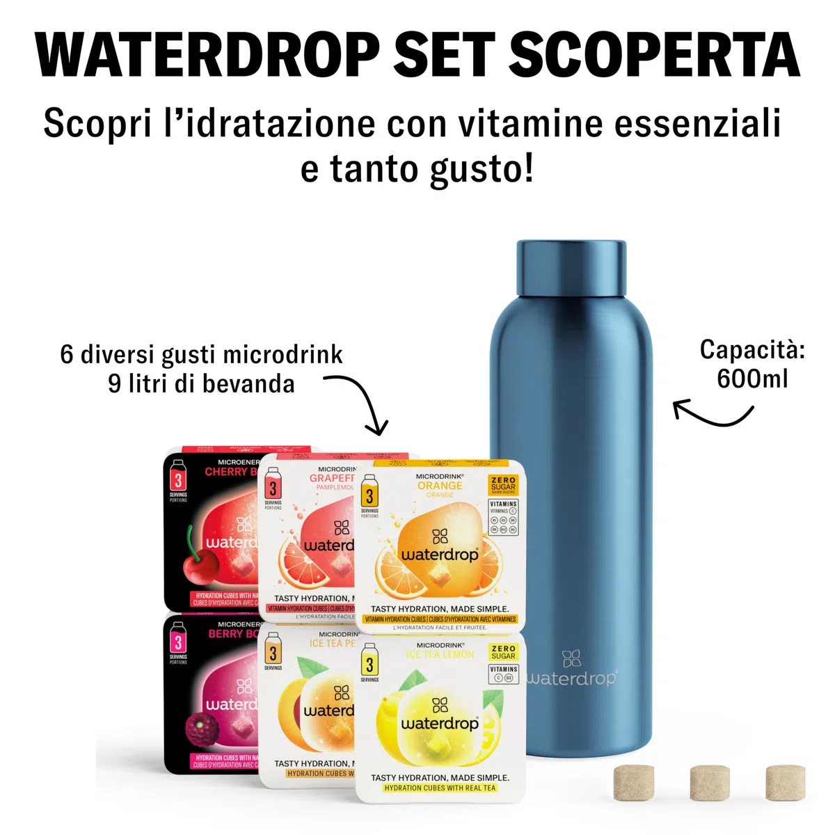waterdrop® Bottiglia 600ml con 18 Drops senza zucchero - idee regalo donna - Pacchetto degustazione con Borraccia in acciaio inox e 6 gusti aromatizzanti per acqua - robusto borraccia termica