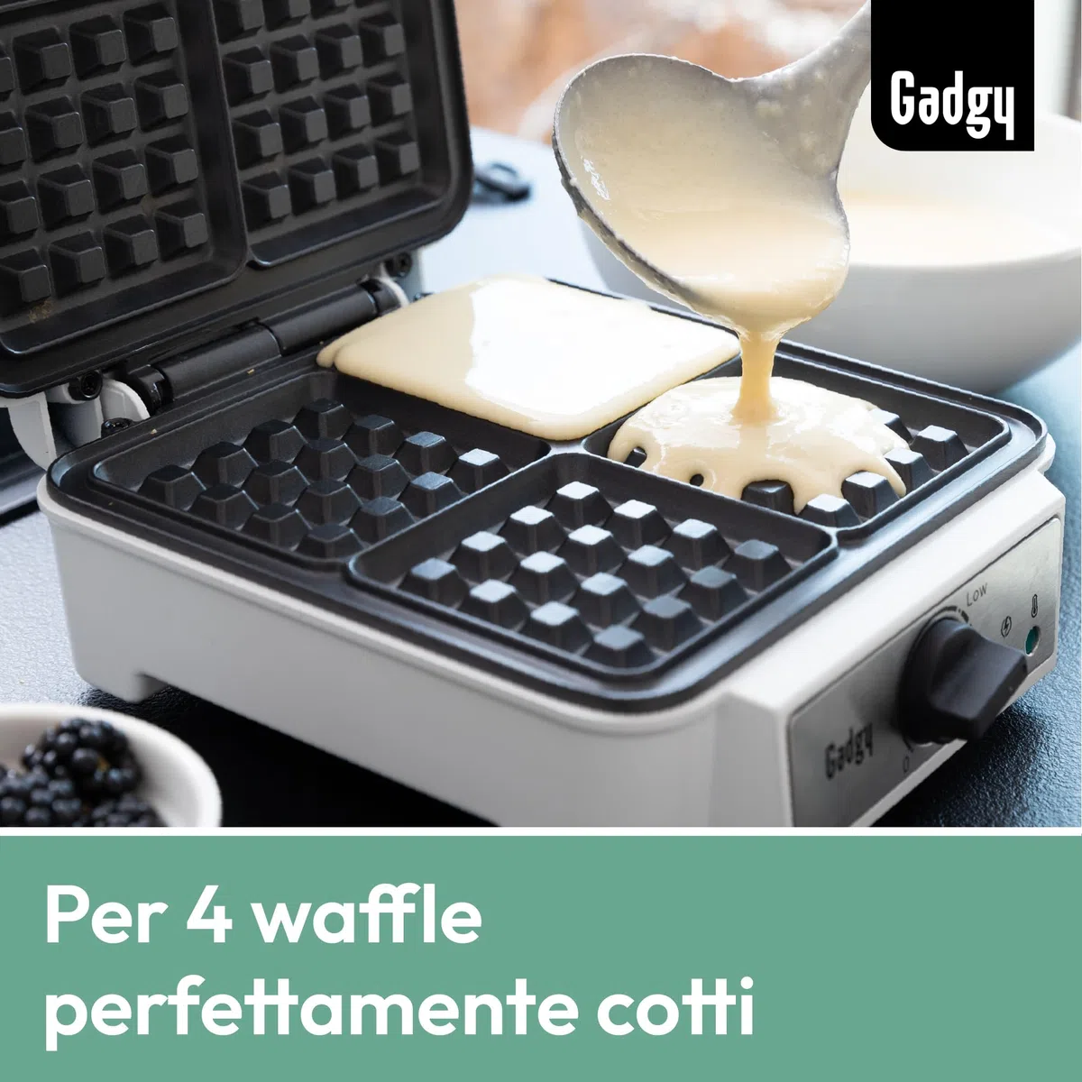 Gadgy Piastra Waffle 1200W – Macchina per Waffles con Rivestimento Antiaderente – Per 4 Cialde di Bruxelles 8x8cm – Waffle Maker Bianca – Facile da Usare e Pulire