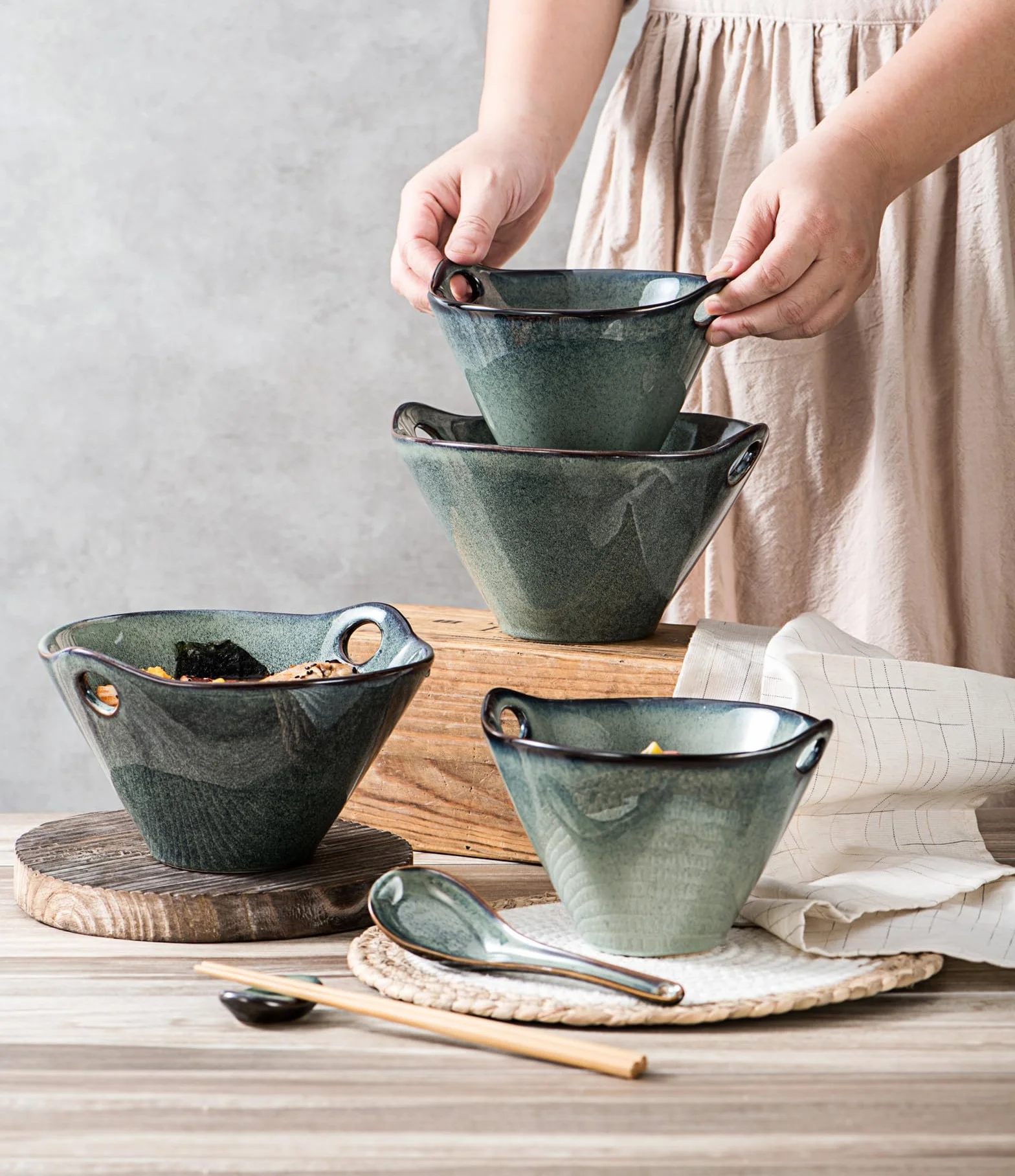 Set Ramen Bowl con Bacchette, Ciotola Ramen Ceramica Giapponese, Tazze da Consommé Insalatiere Stoviglie asiatiche per lavastoviglie e forno a microonde