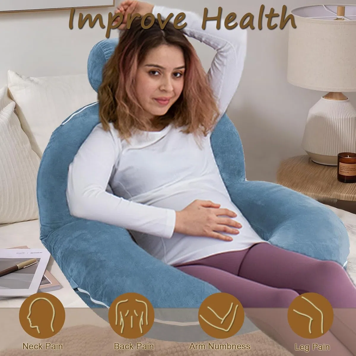 Cuscino da lettura per letto e divano, Grande Cuscino per Schienale con Cuscino cervicale staccabile, ergonomico Cuscino Schienale Divano, Cuscino Supporto Lombare per leggere, lavorare (blue)
