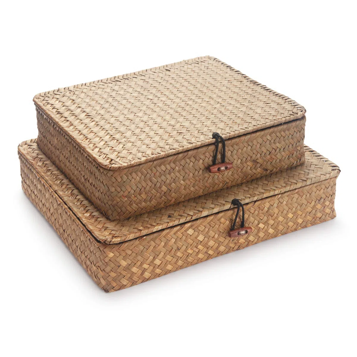 Cesta Portaoggetti con Coperchioio Seagrass Naturale Cesti Contenitori Vimini Rettangolare Set di 2 (Naturale Grande + Piccolo)