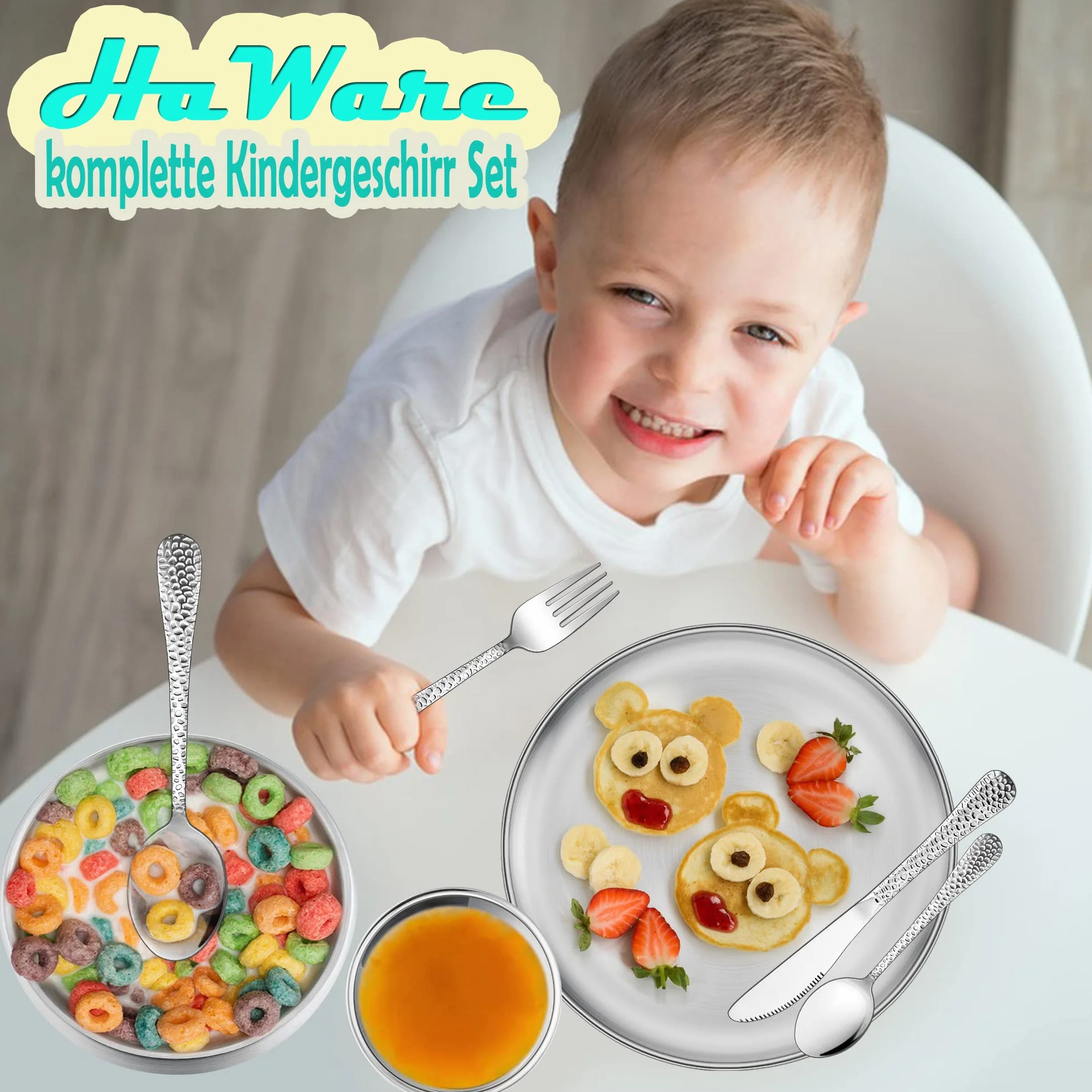 HaWare Set di 7 posate per bambini con piatto, tazza e ciotola