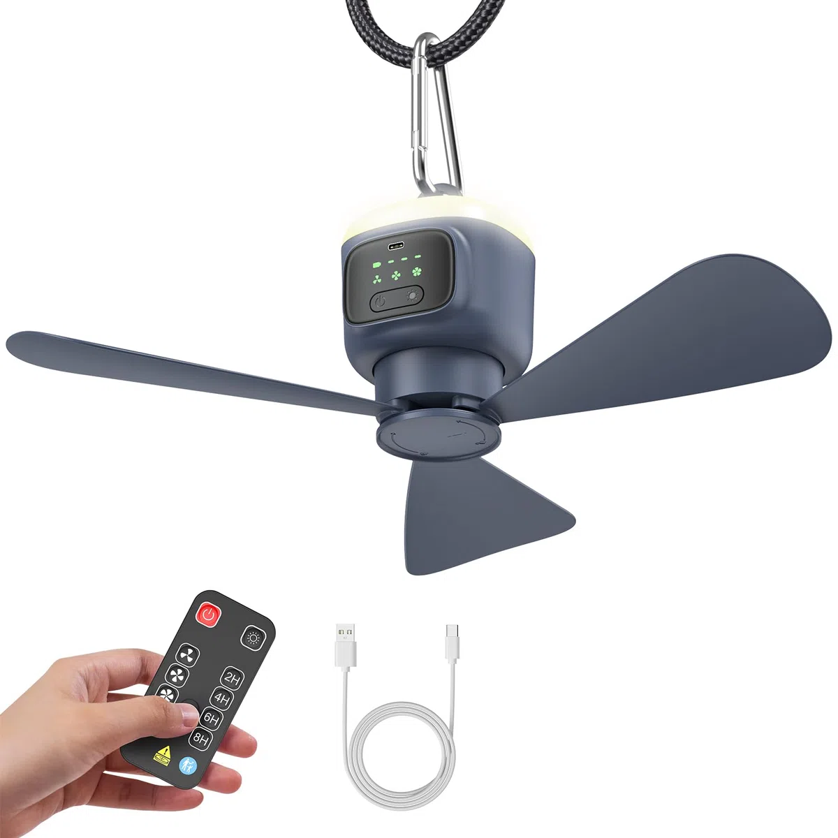 Ventilatore da campeggio portatile da 12000 mAh, con illuminazione, campeggio, USB, 4 velocità e timer da 2 a 8 ore, per tenda, gazebo, camper, camera da letto