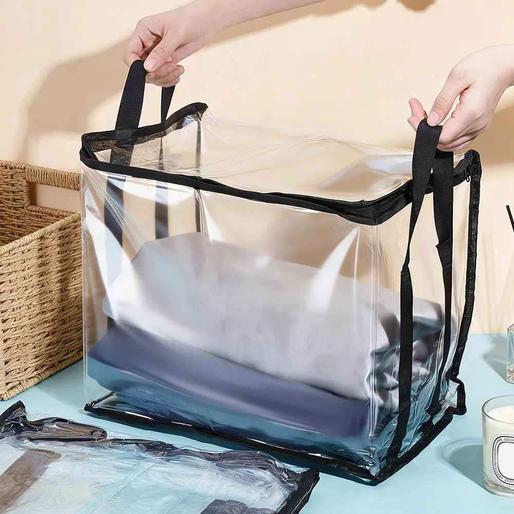 PH PandaHall 10 organizer trasparenti con cerniera, di grande capacità, pieghevoli, con manico, per riporre libri, casa, ufficio, vestiti, armadio, nero, 37 x 25 x 28,5 cm