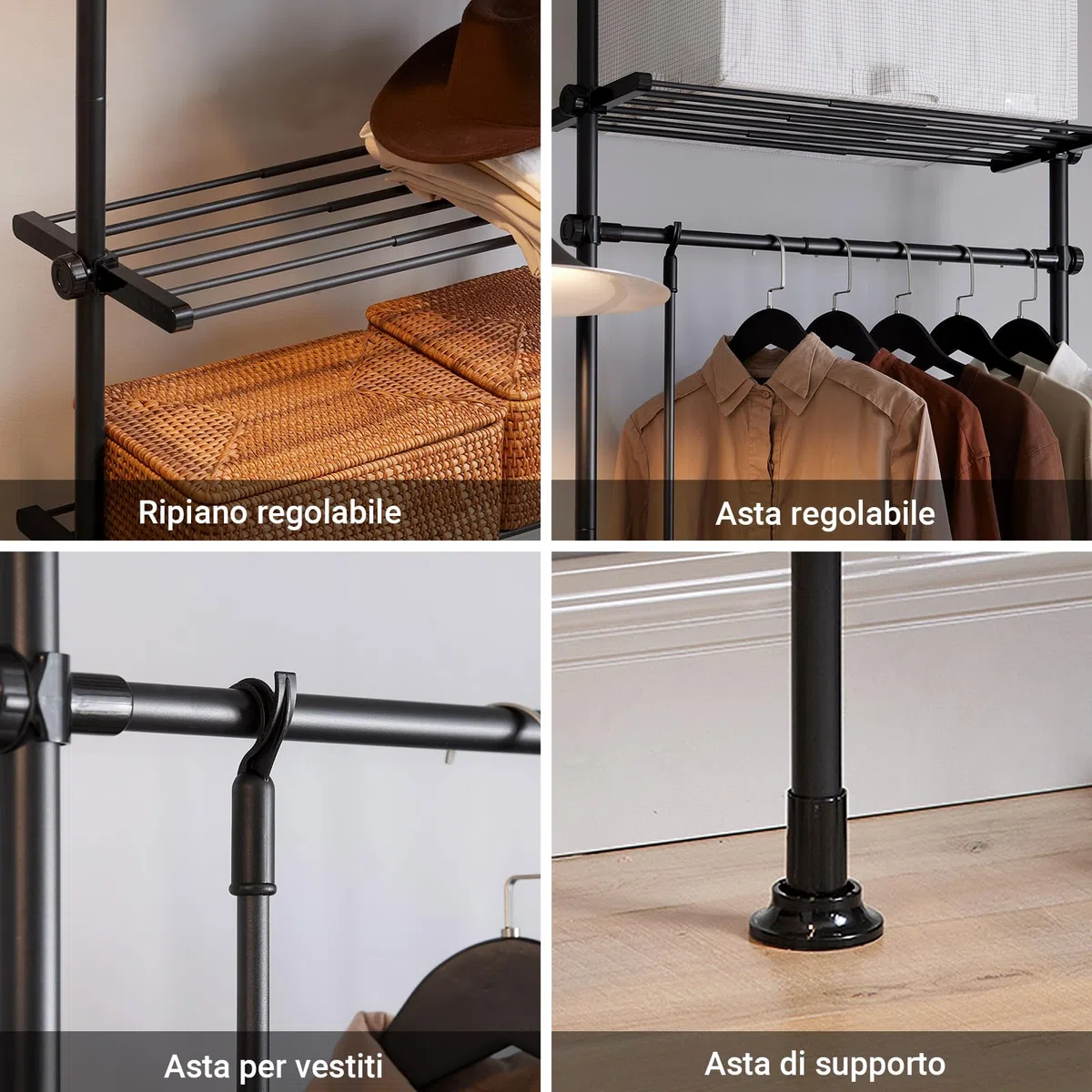 SoBuy Telescopic Appendiabiti da Terra, Robusto Stand Appendiabiti con Aste e Ripiani, Armadio Aperto Regolabile per Camera da Letto, Porta Abiti Nero KLS07-SCH