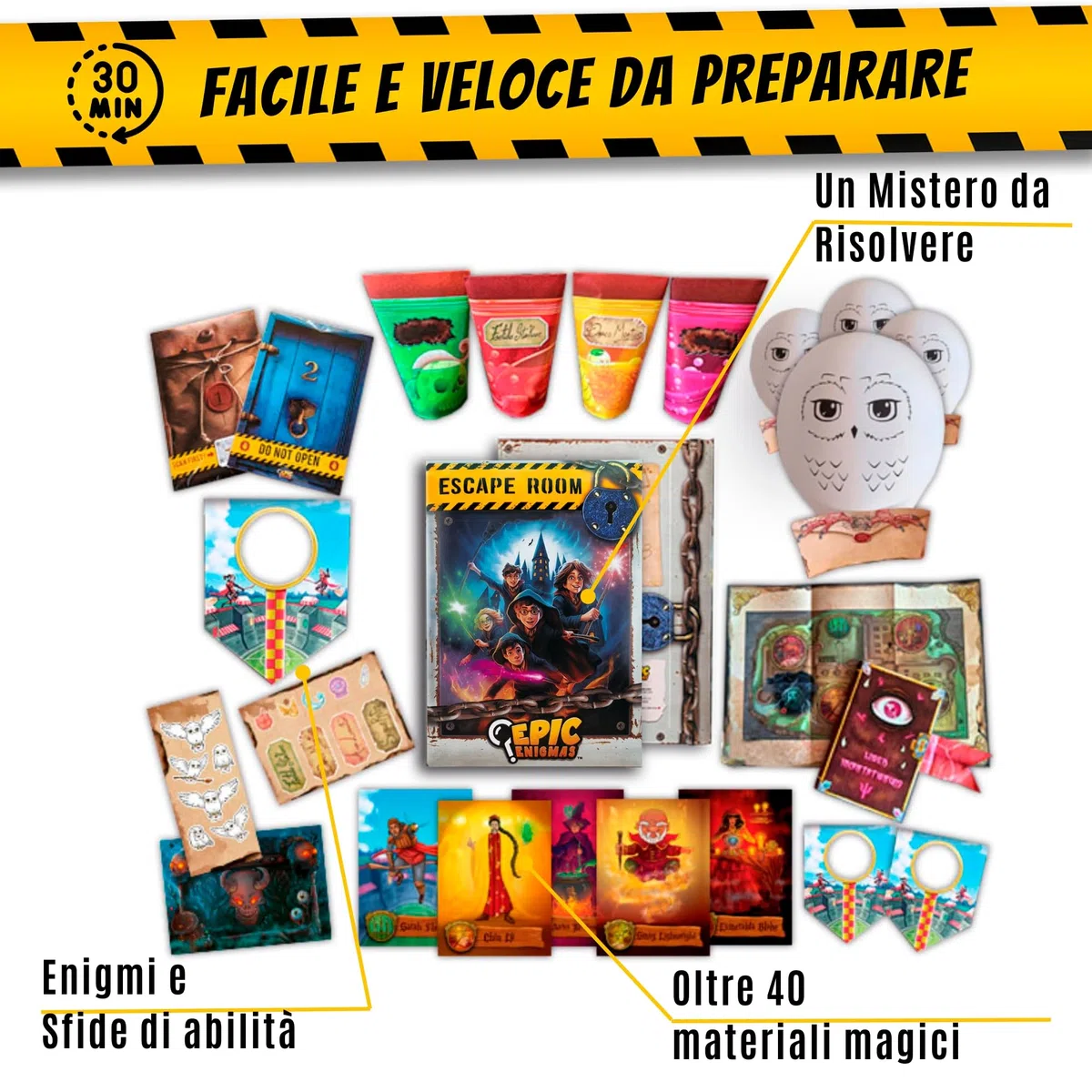 EPIC ENIGMAS | Escape Room Compleanno Bambini | 5 a 12 anni | 6-25 giocatori | Decorazioni Compleanno | Gadget Compleanno Bambini | + Adesivi Harry Palloncini Compleanno