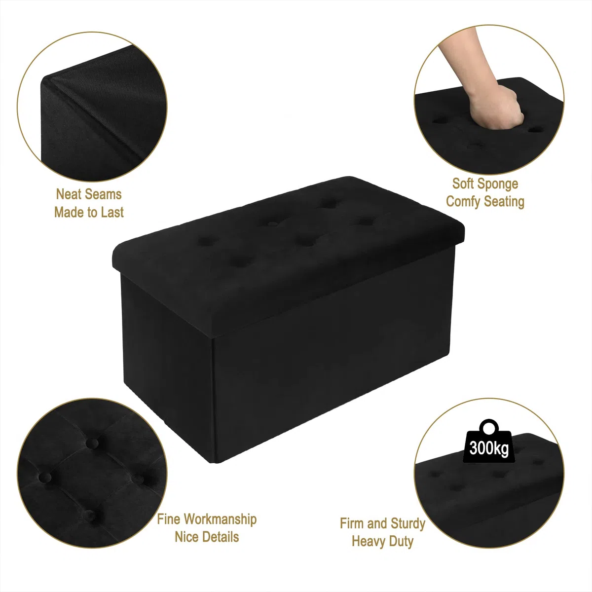 WOLTU Panche Contenitore per Ingresso Cassapanca Pieghevole Ottomane in Velluto, Max Portata Statica di 300 kg, 80 L, 76x37,5x38 cm Nero