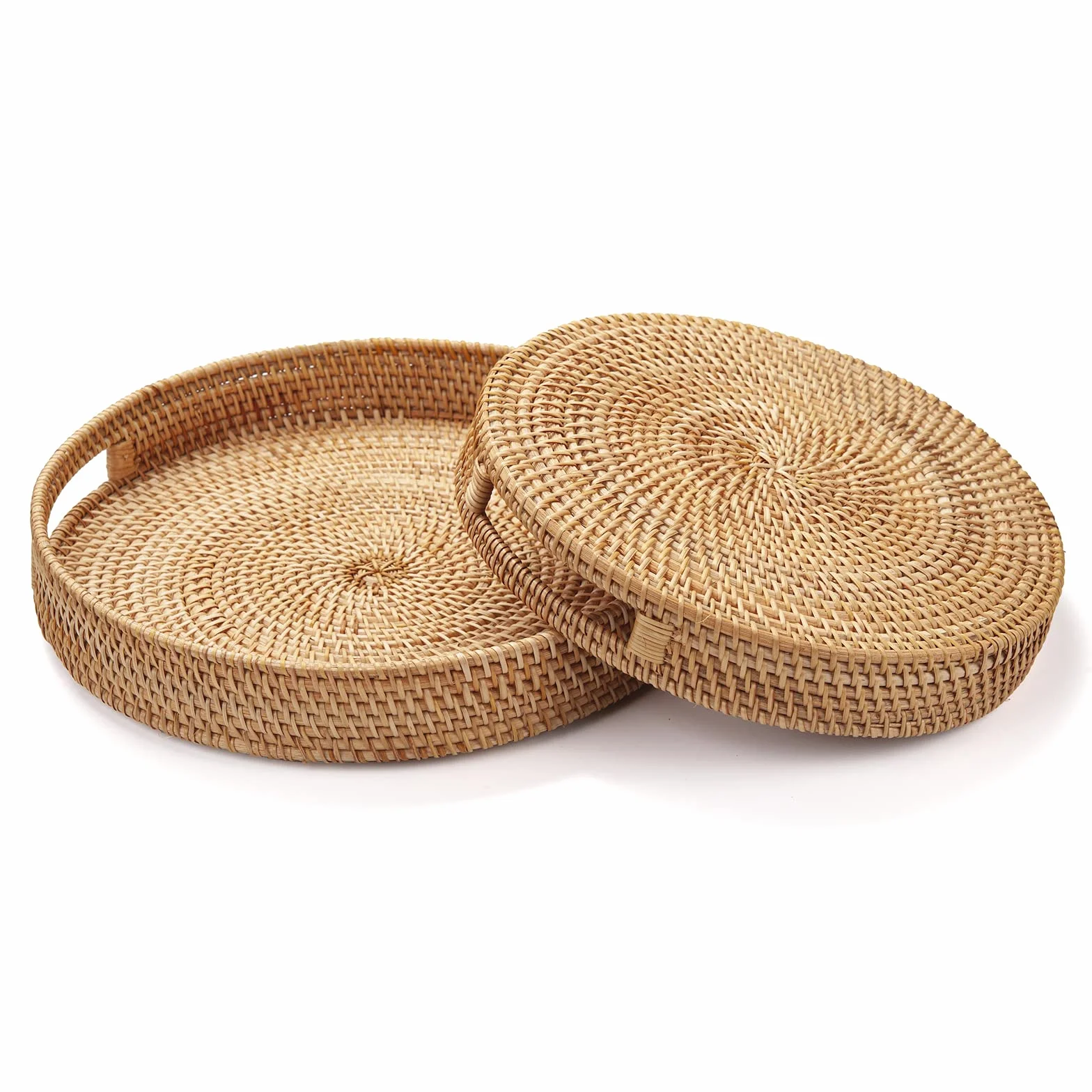 Rotondo Rattan Vassoi da Portata con Manici Vassoio Tavolino Vassoio Decorativo Intrecciato per Ottomano Naturale (34cm x 7cm)