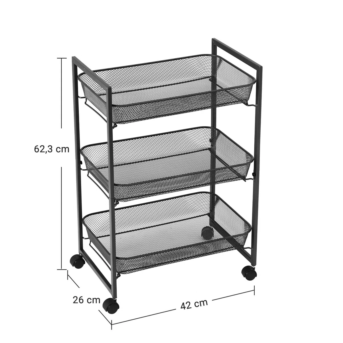 SONGMICS Carrello a 3 Ripiani, Carrello da Cucina e Bagno con Cesti in Filo Metallico, Salvaspazio, Assemblaggio Semplice, Ufficio, Soggiorno, Nero BSC061B01
