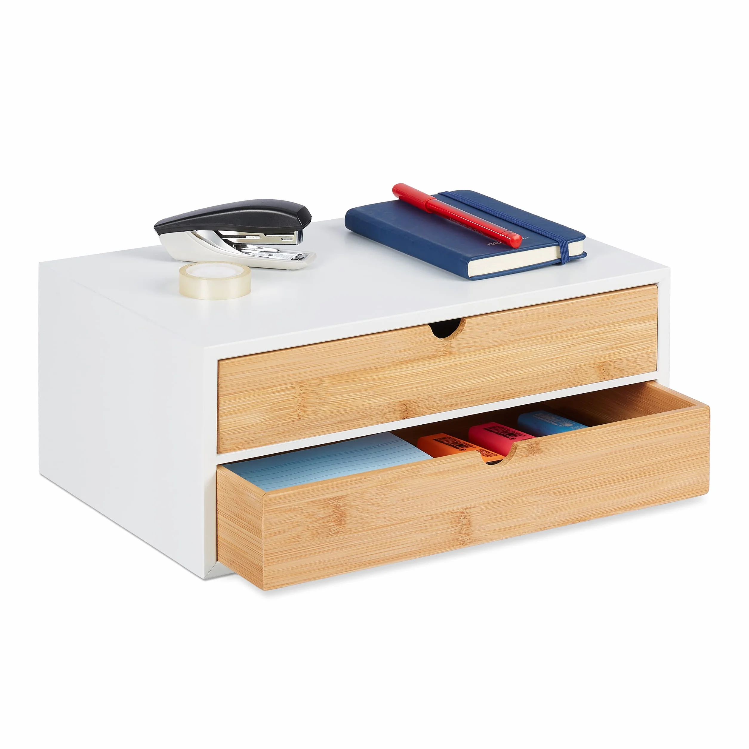 Relaxdays Organizer da Scrivania, bambù e MDF, Portaoggetti Salvaspazio con 2 Cassetti, HLP 14x33x21 cm, Bianco/Naturale